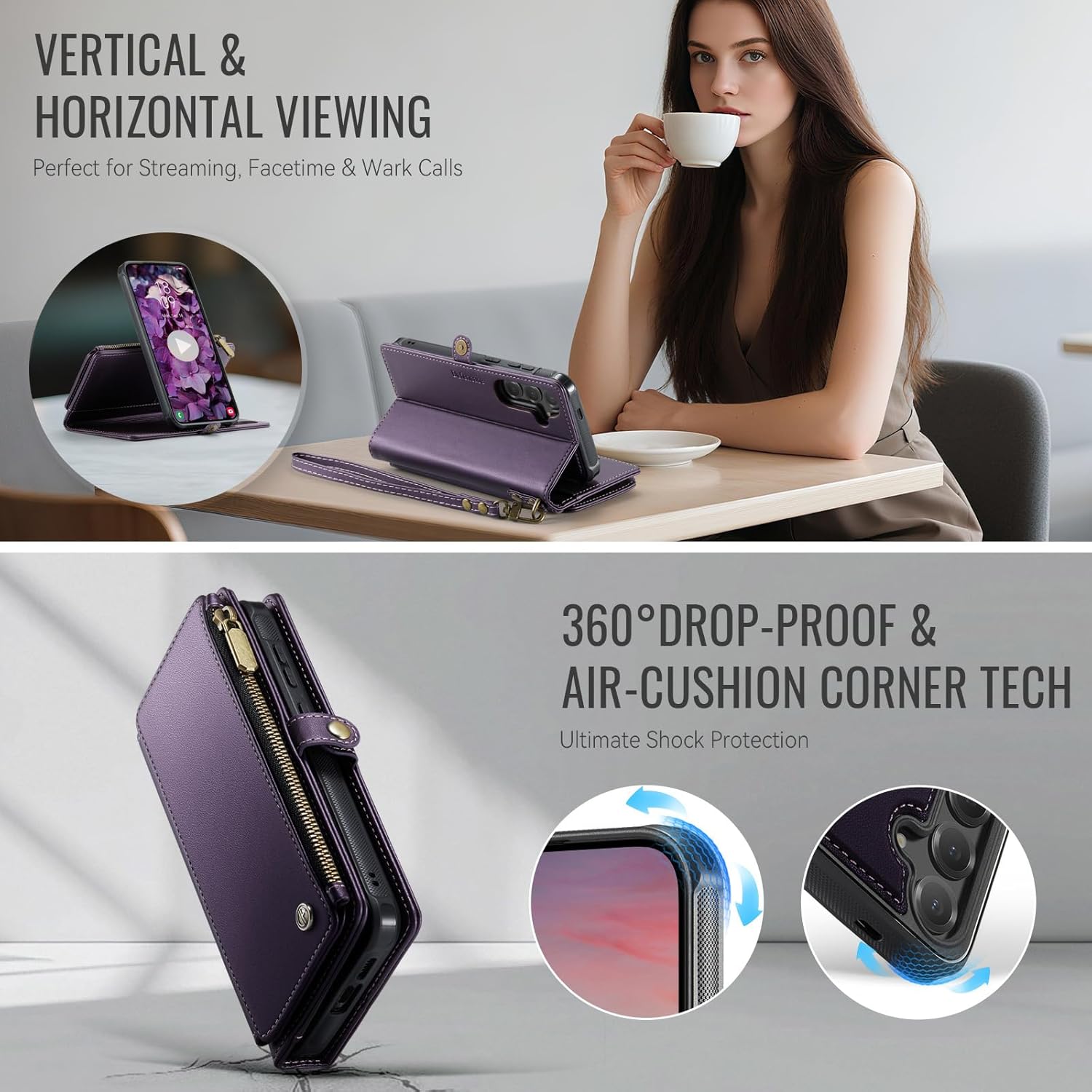 Defencase for Galaxy S24 FE Magnetic Wallet Case Compatible with Magsafe RFID Blocking Zipper Card Holder for Women Men PU Leather Strap Detachable Case for Samsung Galaxy S24 FE 5G 6.7", Purple