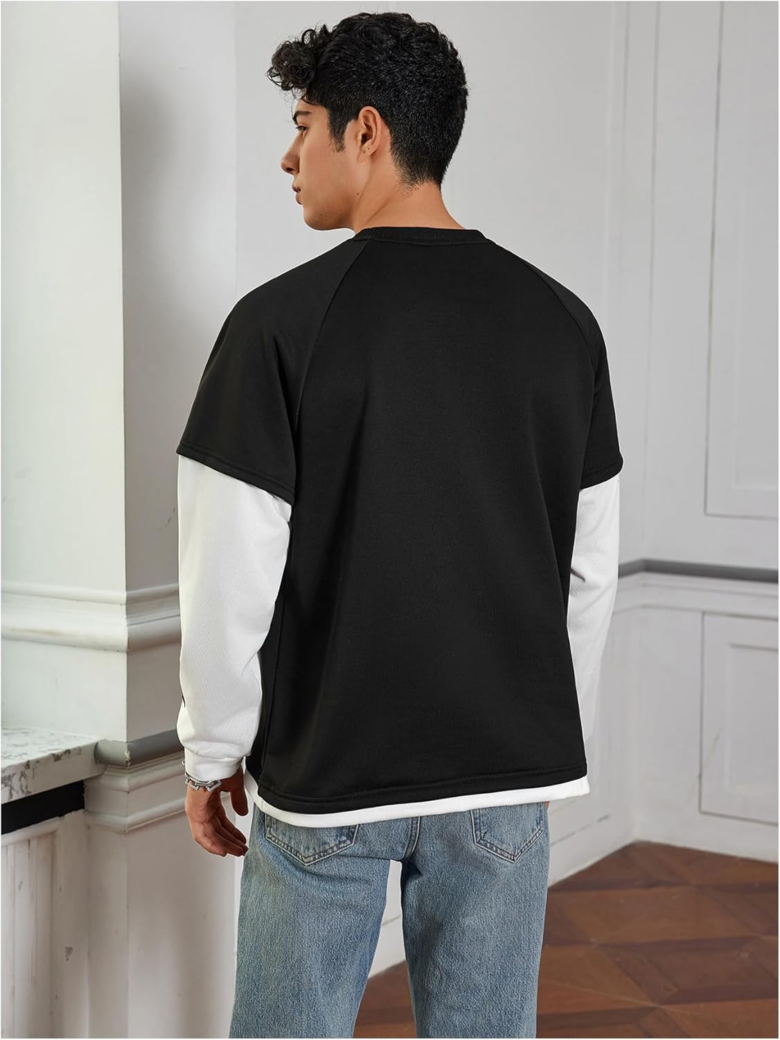 Men's Crewneck Sweatshirts Letter Patched Long Sleeve 2 in 1 Street Pullover Sweatshirt - Image 2