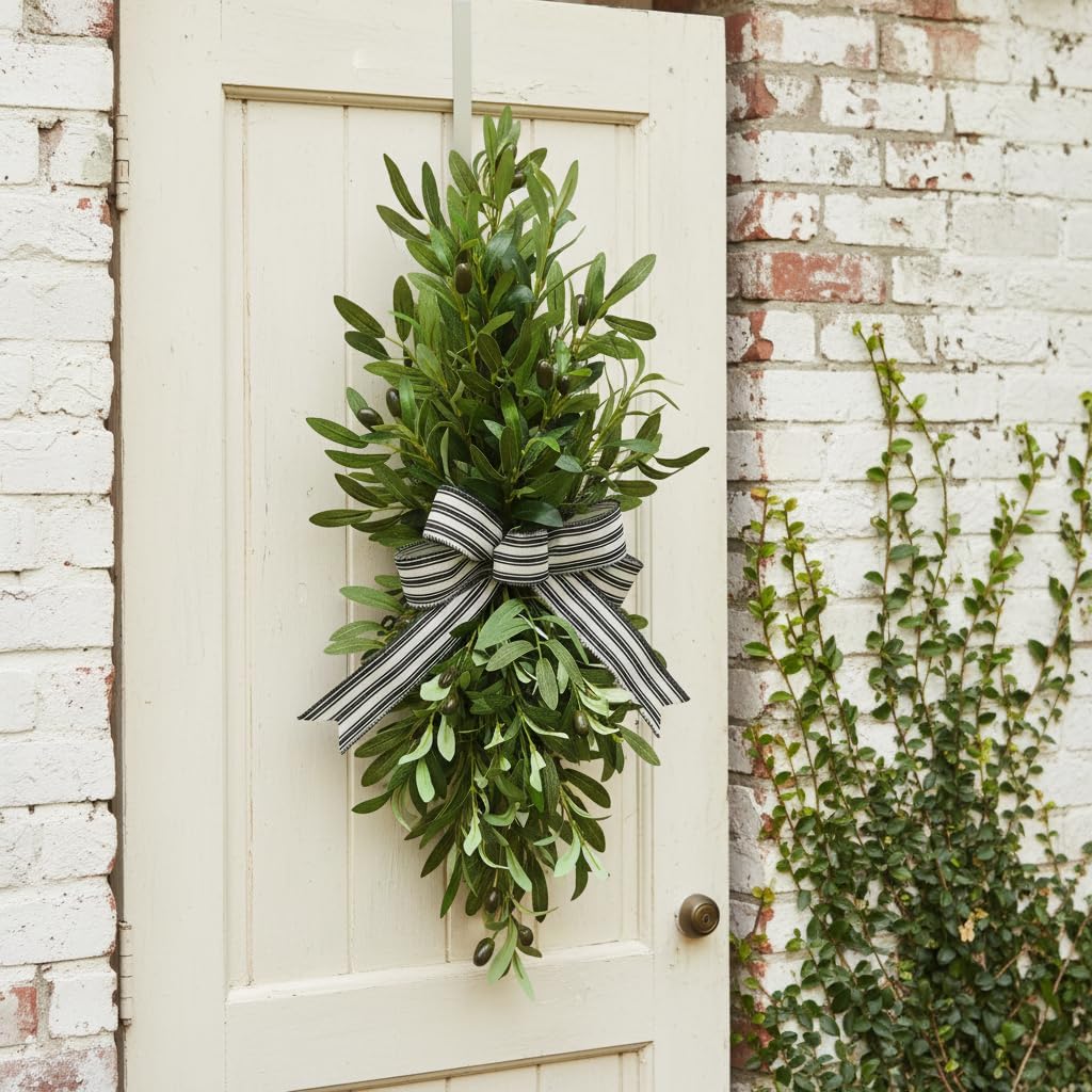 Pre-lit Artificial Olive Branch Swag for Front Door - Teardrop Greenery Wreath with 20 LED Lights & Timer - Farmhouse Wall Decor with Black White Bow, Battery Operated for Indoor Outdoor