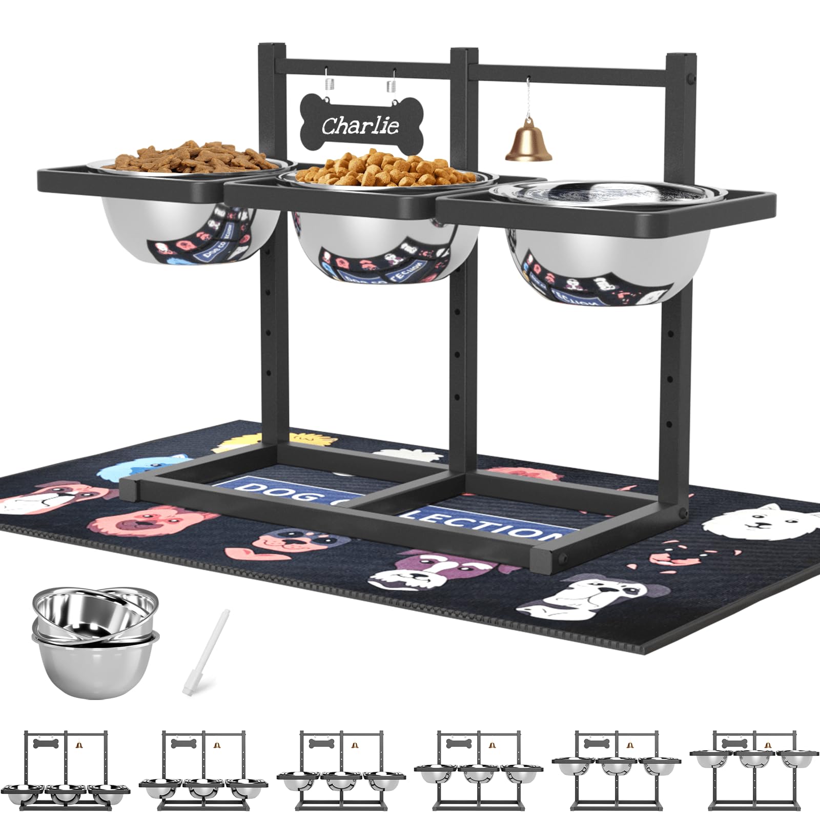Supporto Rialzato per Ciotola per Cani per Cani di Taglia Media/Grande con Alimentatore Lento e Tappetino, Altezza Regolabile 9.9 cm, 14 cm, 18 cm, 22 cm, 26 cm, 30 cm, 1640 ml, Ciotola Tripla per