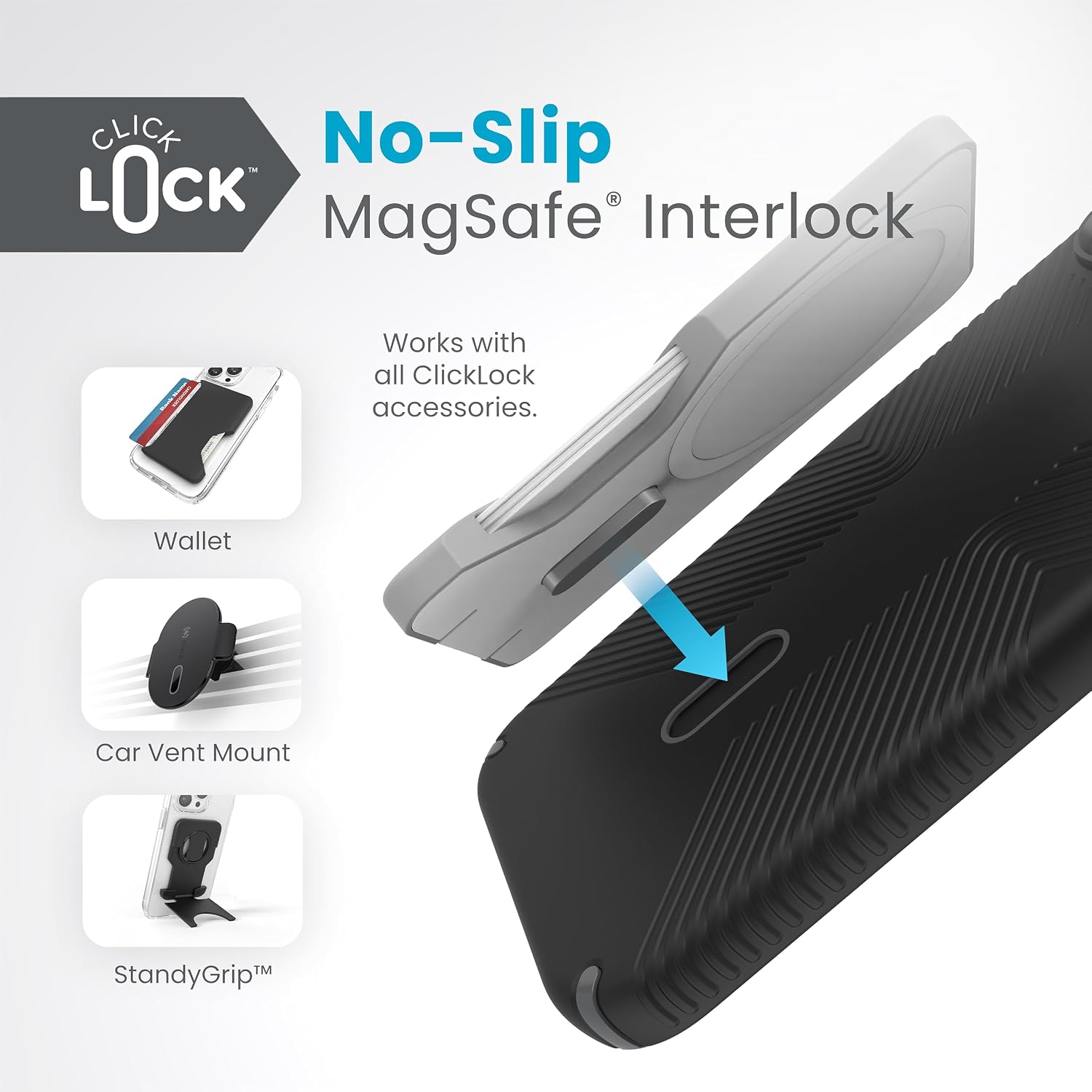 Speck iPhone 15 Plus Case - ClickLock No-Slip Interlock, Built for MagSafe, Drop Protection Grip - for iPhone 15 Plus & iPhone 14 Plus - 6.7 Inch Phone Case - Presidio2 Grip Black/Slate Grey/White