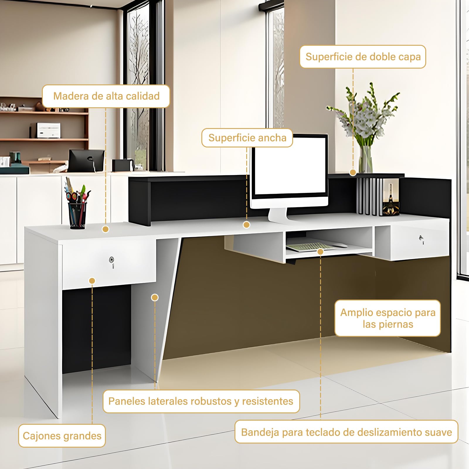 Mostrador Recepción Moderno de 100 A 240 cm con Cajón y Estantes Abiertos Mueble para Oficina Salón de Belleza Tienda o Área de Entrada