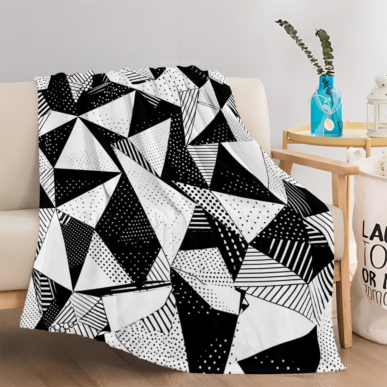 Couverture en flanelle cadeau léger plaid géométrique noir et blanc