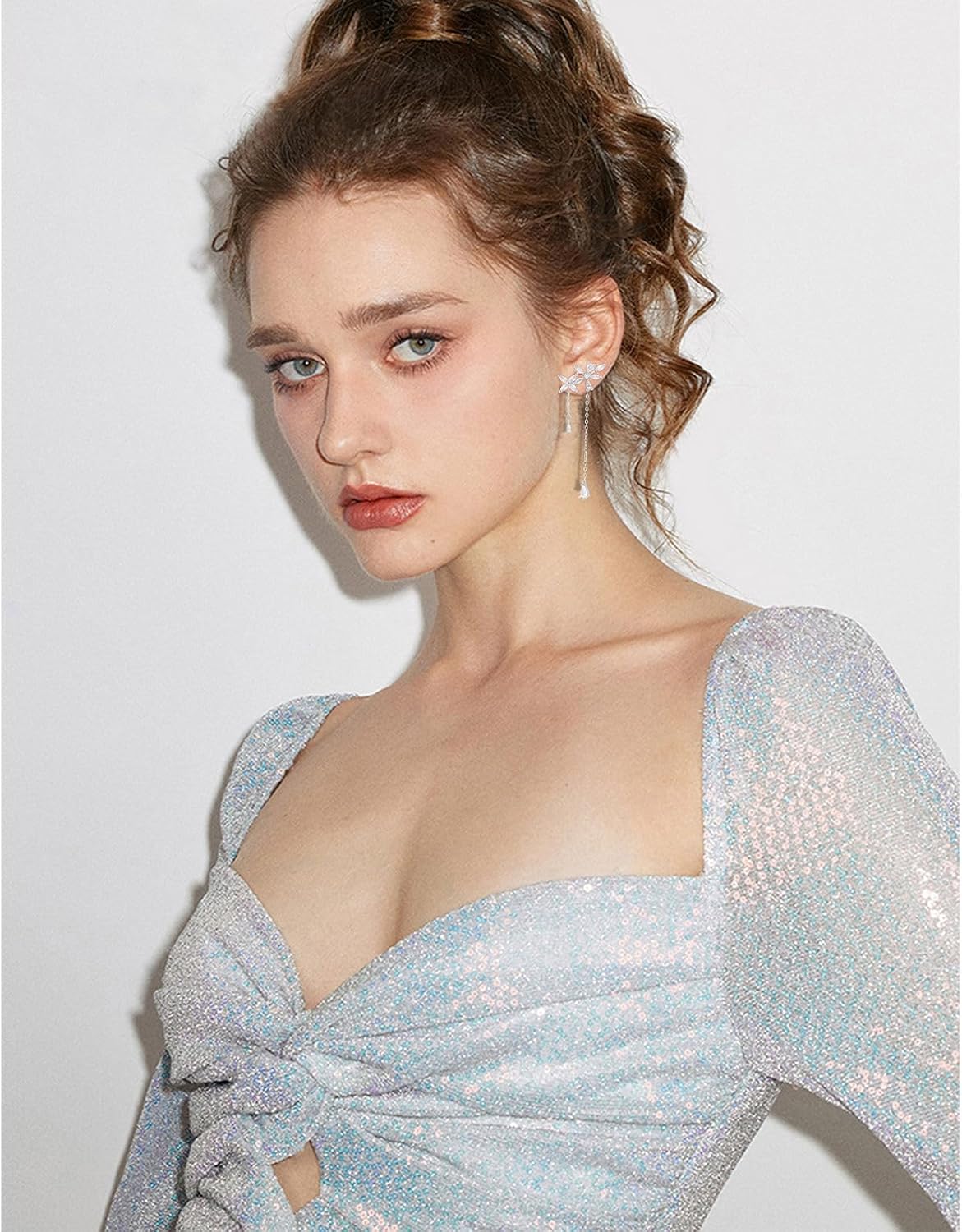 Sterling Silver Flower Wrap Drop Earrings with CZ - Trendy Dangle Chain Design for Elegant Women - Image 4