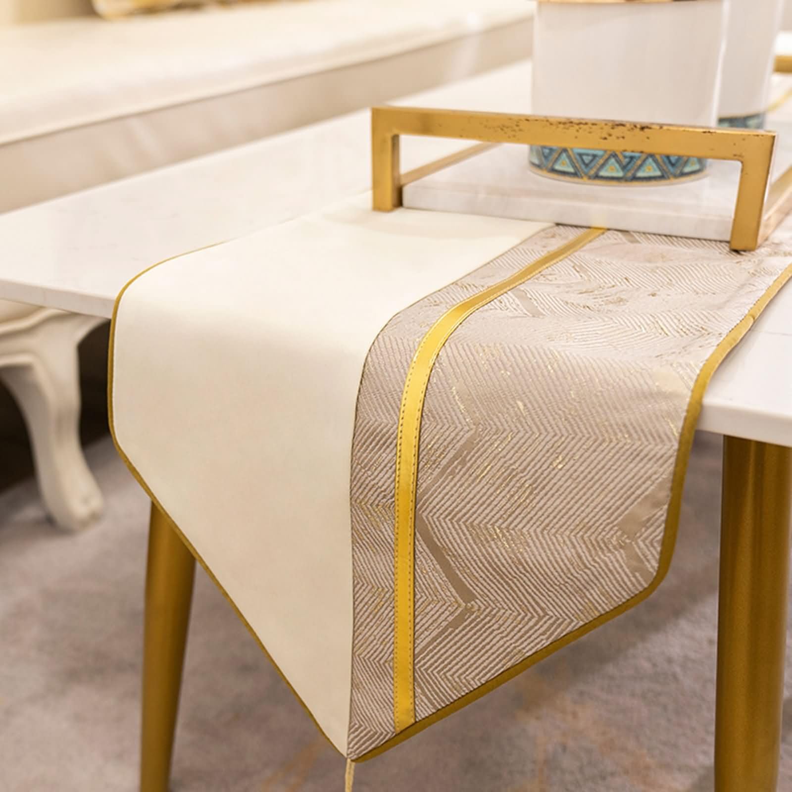 Chemins de Table Beige Argent Géométrique,Polyester,33x260cm