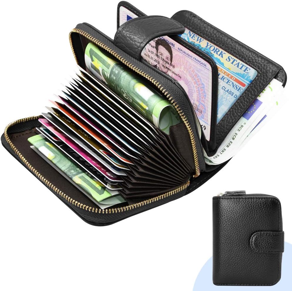 ENONEO Credit Card Holder for Women RFID Blocking Genuine Litchi Leather Card Holder Purse with 14 Card Slots and 4 ID Windows Ladies Card Holder Wallets Purses with Zipper (Black)