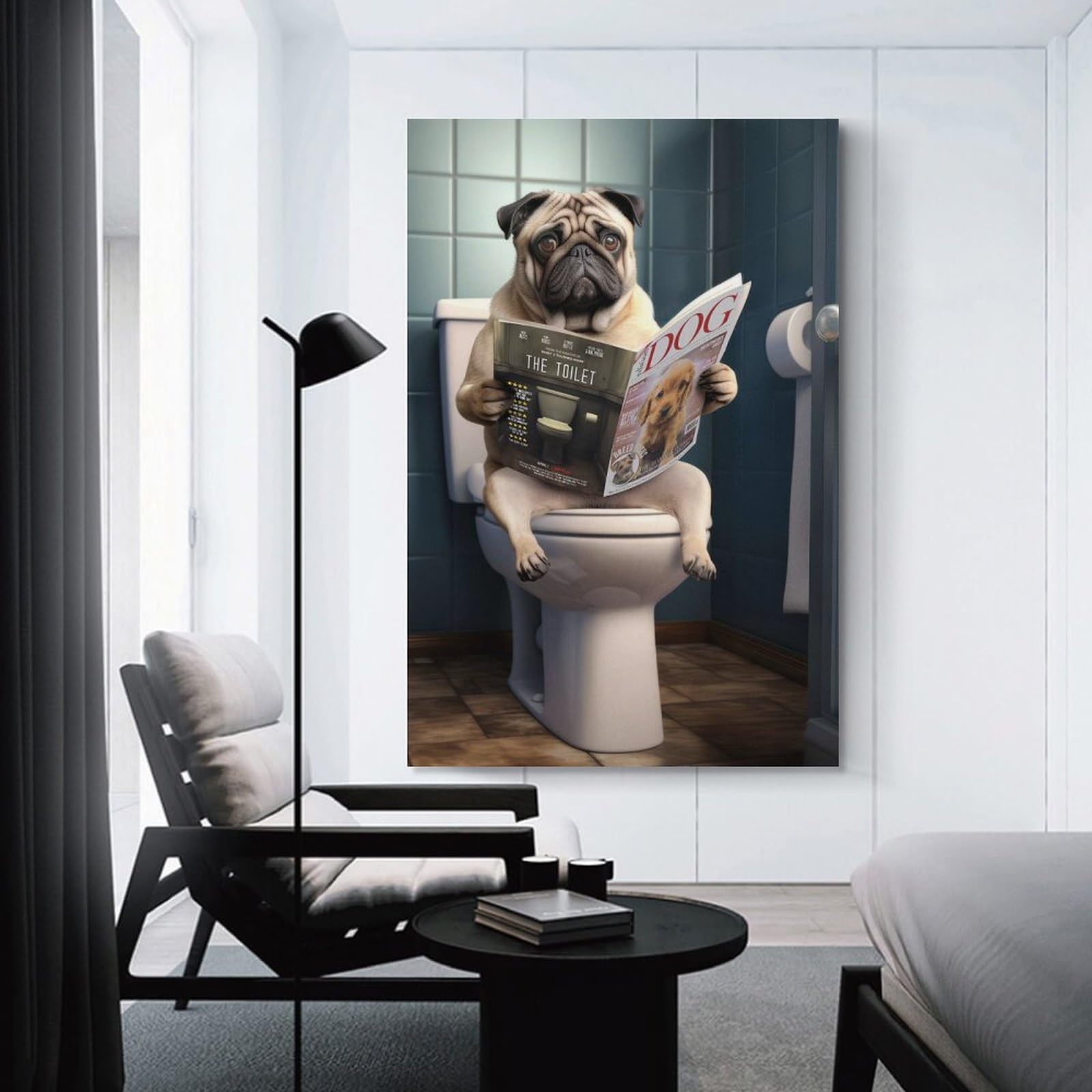 Junmoney Canvas Wall Art Pug Dog on The Toilet, 24x36inch(60x90cm), for New Homes, Bedrooms Or Workspaces, Canvas Artwork with Gifting Potential