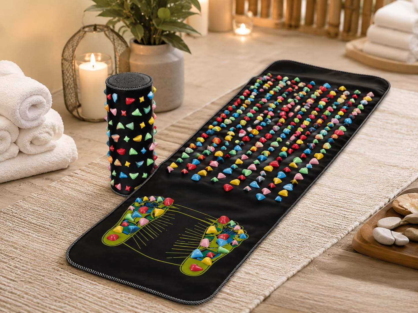 Mata do Akupresury z Kolorowymi Wypustkami ABS, 138 × 34 cm, do Masażu Stóp i Relaksu, Zwijana