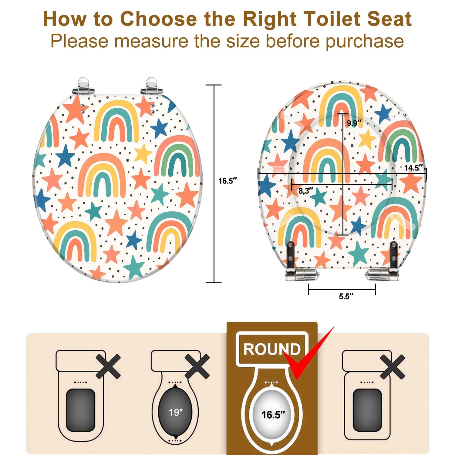 Round Toilet Seat Seamless cute pattern for kids children Rainbow stars Scandinavian Resin Toilet Seat Quietly Close Quick Release Hinges with Cover Bumpers Decorative Easy to Install Clean