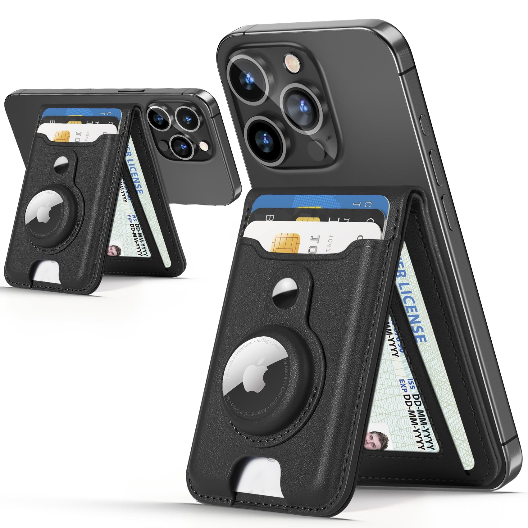 Stärkster Mag-Safe Wallet Stand mit Airtag-Halterung für iPhone 16/15/14/13/12 Serie, RFID-Leder, Ausweisfenster, magnetisch, 6 Kartenhalter, Schwarz