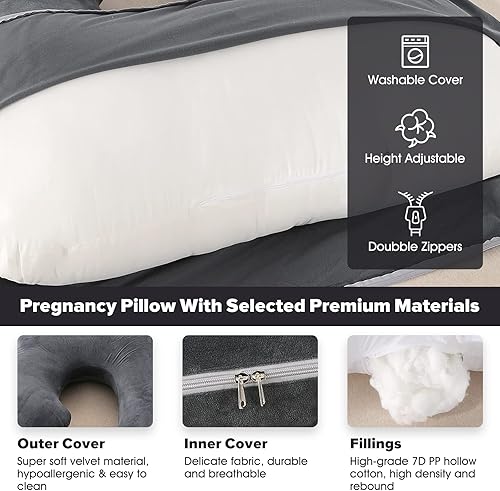 Miniatura 4 de Almohada de embarazo de cuerpo completo de 57 pulgadas, almohada de maternidad con funda extraíble lavable, soporte para dormir para piernas,
