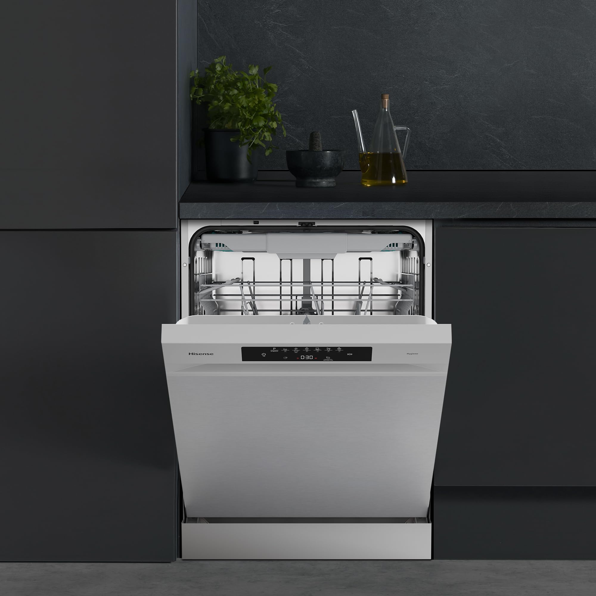 Hisense HS643B90X - Lavavajillas Clase B, 15 Servicios, Fondo 60cm, Secado Extra, Programa Automático, Tercera Bandeja, Programa Corto 1 hora, 15 Servicios, Aqua Protect System, Control Táctil, Inox