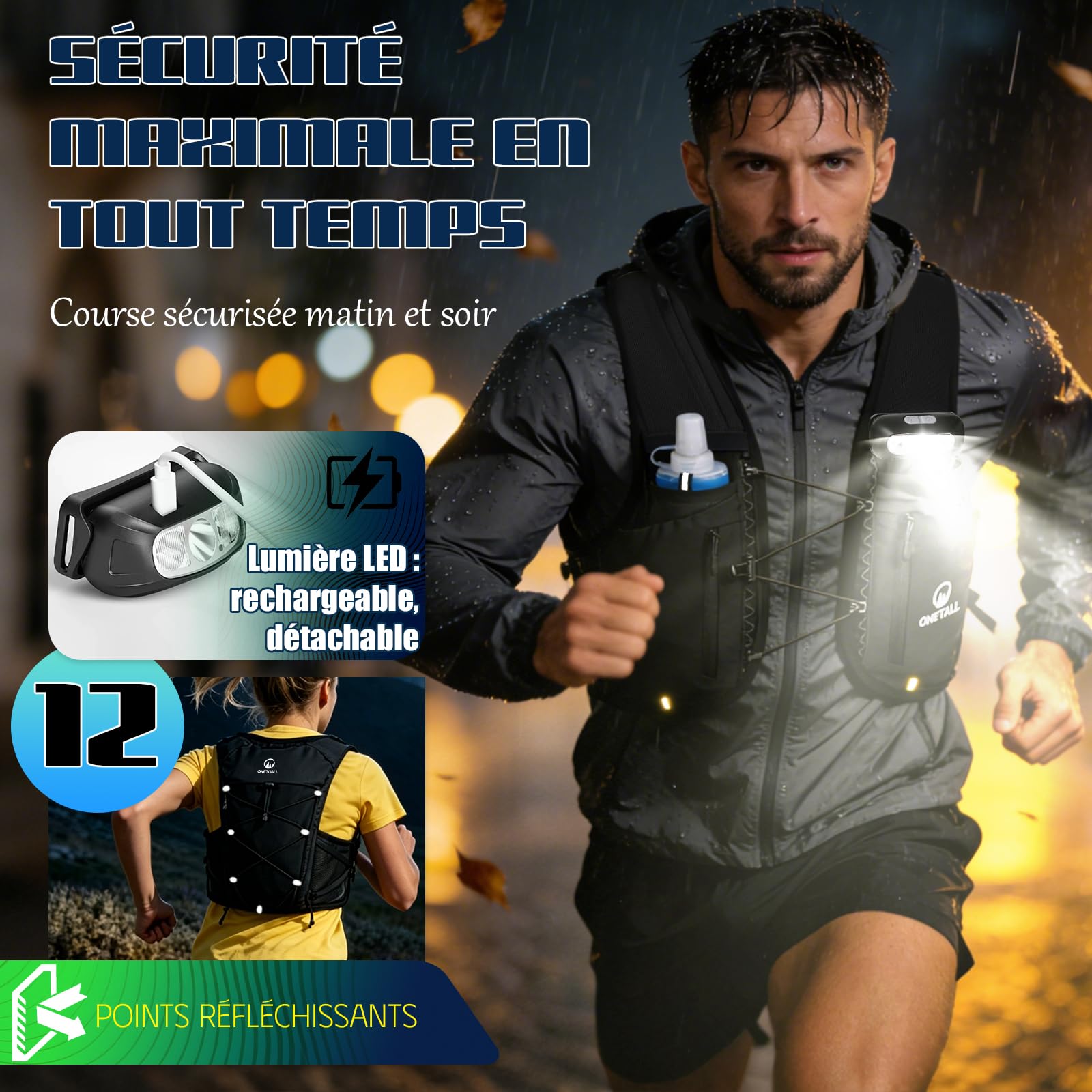 Gilet d'Hydratation Running Femme avec Flasque 2*500 ML et Lumière | Confort et Ajustement, Respirabilité, Ultra-léger 270g, Poches Multiples, Visibilité, pour Marathon Trail Running Randonnée