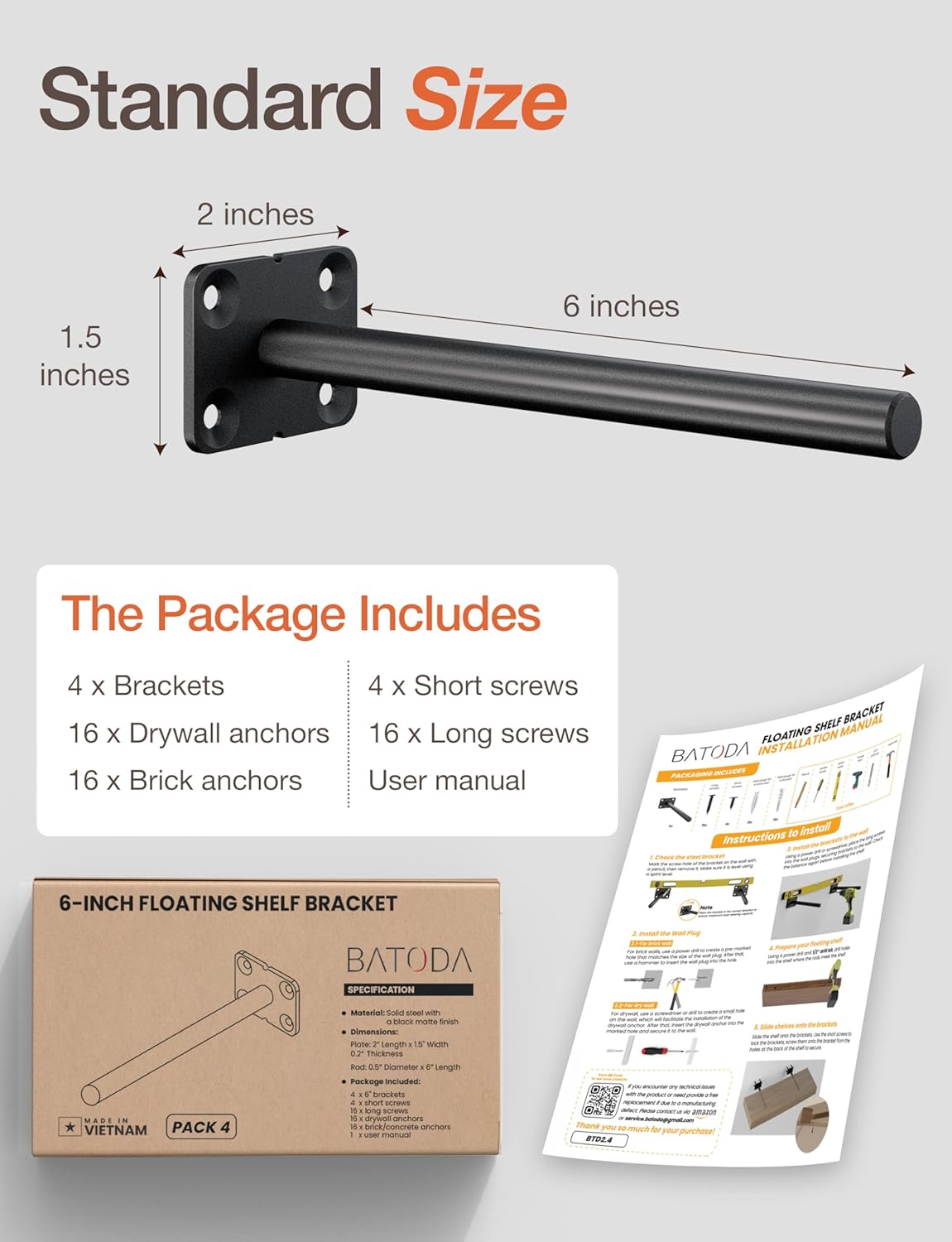BATODA 6” Solid Steel Floating Shelf Bracket (4 pcs) - Blind Shelf Supports - Hidden Brackets for Floating Wood Shelves - Wall Mounted Support for DIY - Shelving Mounting Hardware Included