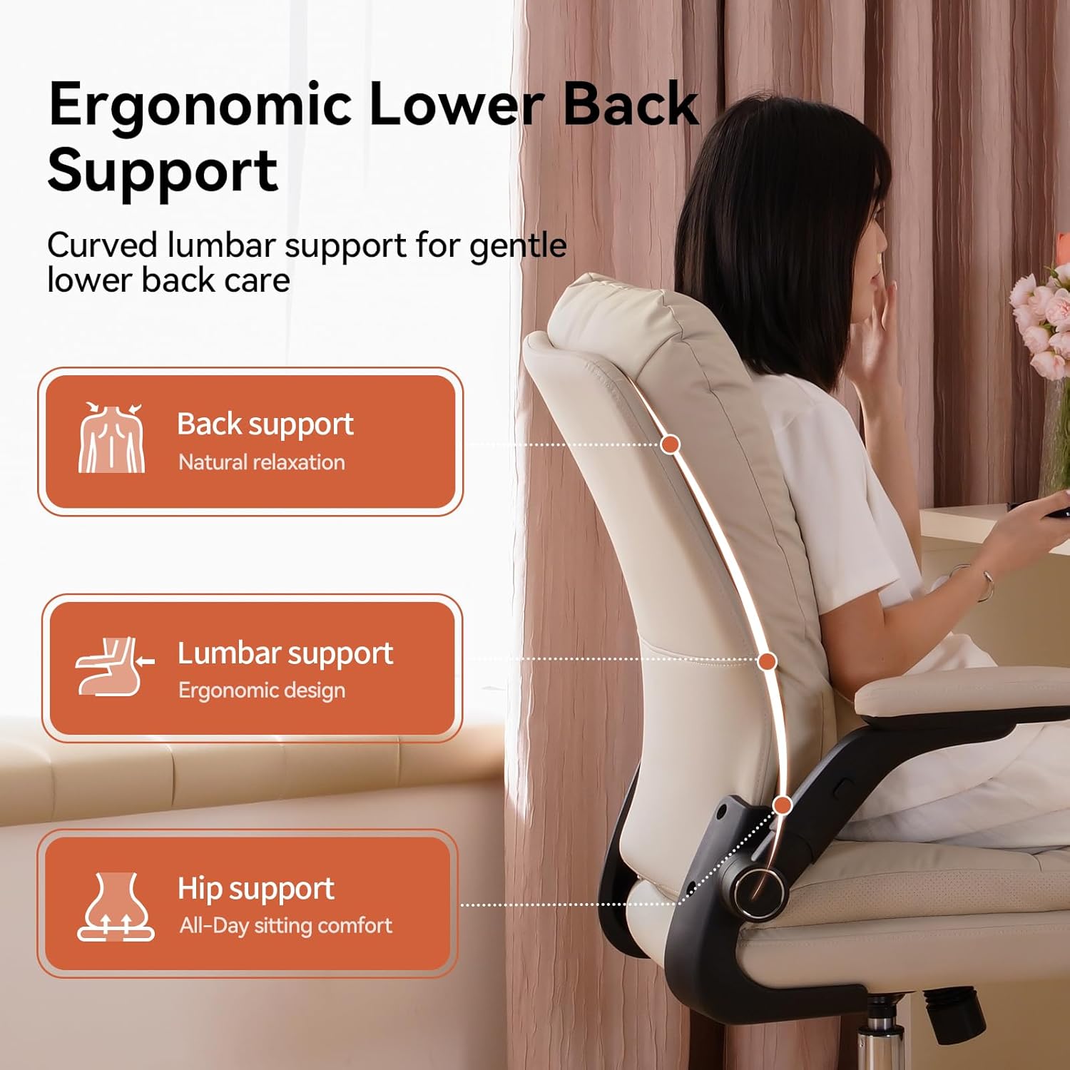 Diagram illustrating the ergonomic curved backrest of the LEAGOO office chair, highlighting back support, lumbar support, and hip support.