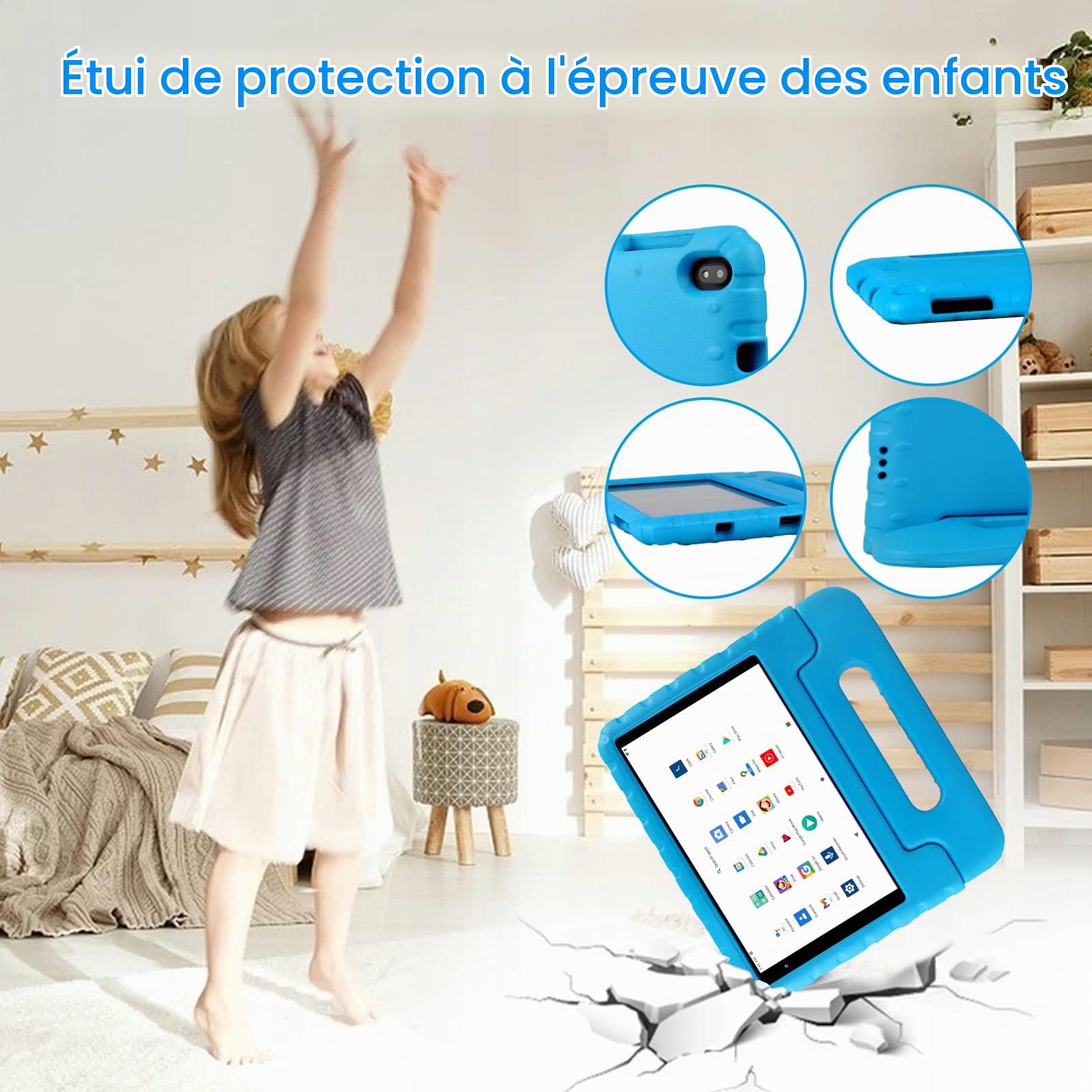 Tablette Enfants 8 Pouces Android Tablette avec Sufficient RAM + ROM(TF 2To), Très Longue Enduranceavec GMS Certified, WiFi, Bluetooth, avec Double Caméra Écran FHD Tablettes avec Étui Anti-Chute-Bleu