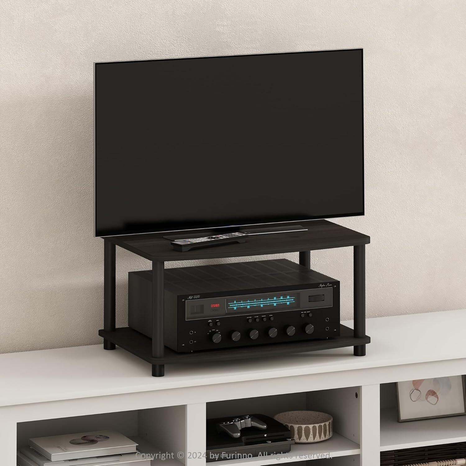 HomeStock Artisanal Artistry Tiered Elevated Tv Stand - Innovative Wooden TV Stand with Elevated Design, No Tools Required for Assembly, Perfect for Modern Living Rooms 2 Tier/Espresso and Black