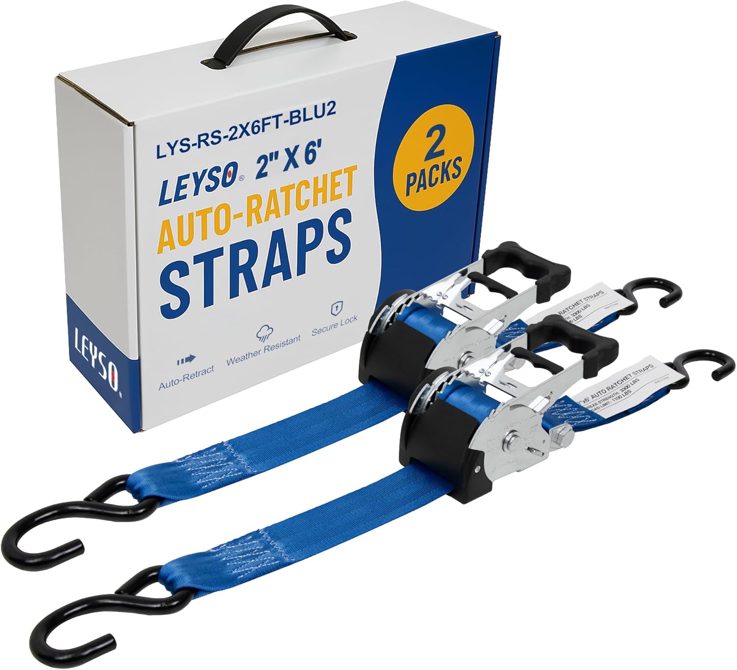 Leyso 2 Inch x 6 Ft Retractable Ratchet Straps, Auto Ratchet Straps with 3300 lbs Break Strength, Retractable Ratchet Tie Down Straps for Jet Skis, Motorcycles, Boats (2 Pack - Blue)