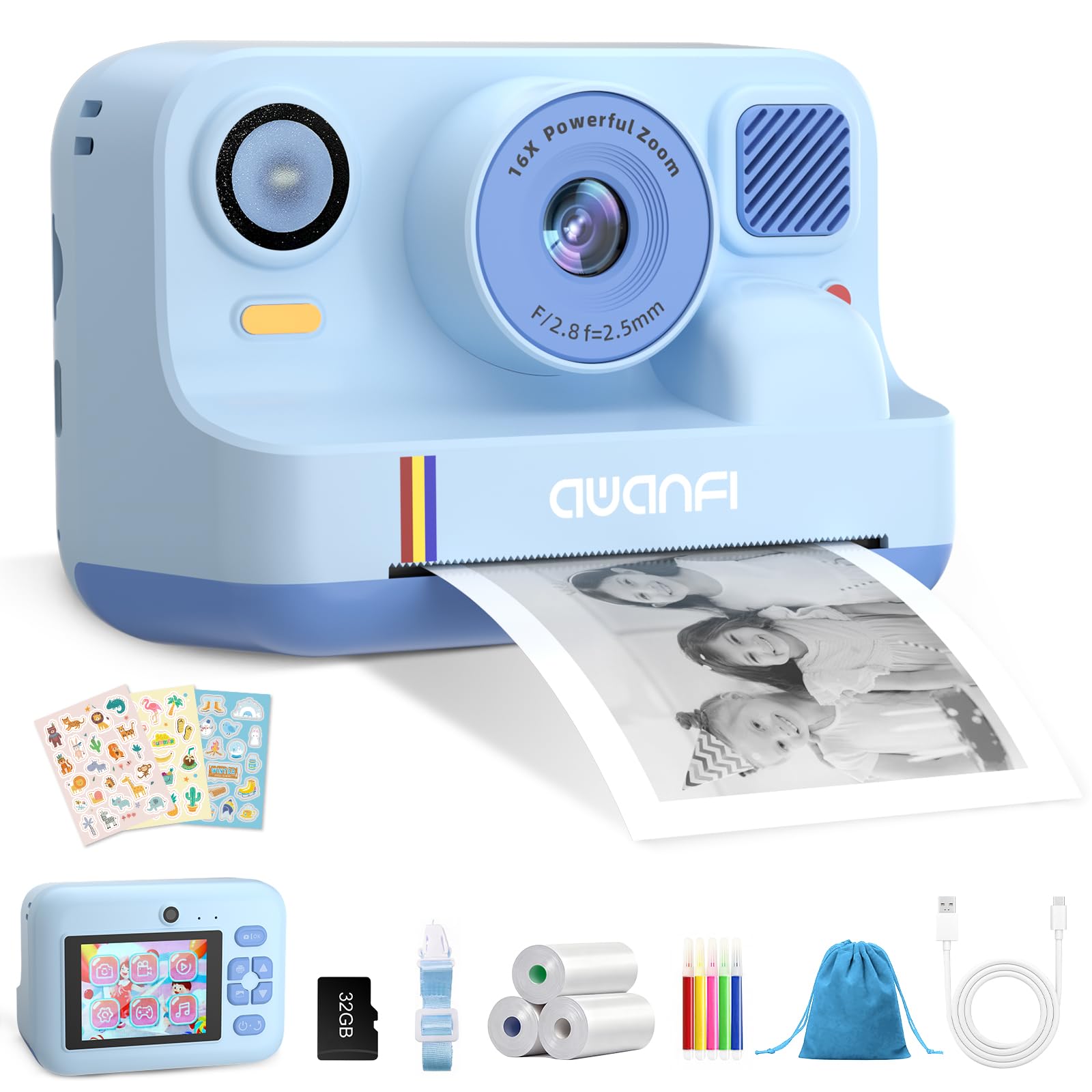 Appareil Photo Instantané Enfant Cadeau Jouet Fille Garçon 3-12 Ans, AWANFI Caméra Numérique Vidéo 1080P Carte 32GB avec 3 Rouleaux de Papier et Impression APP Bluetooth