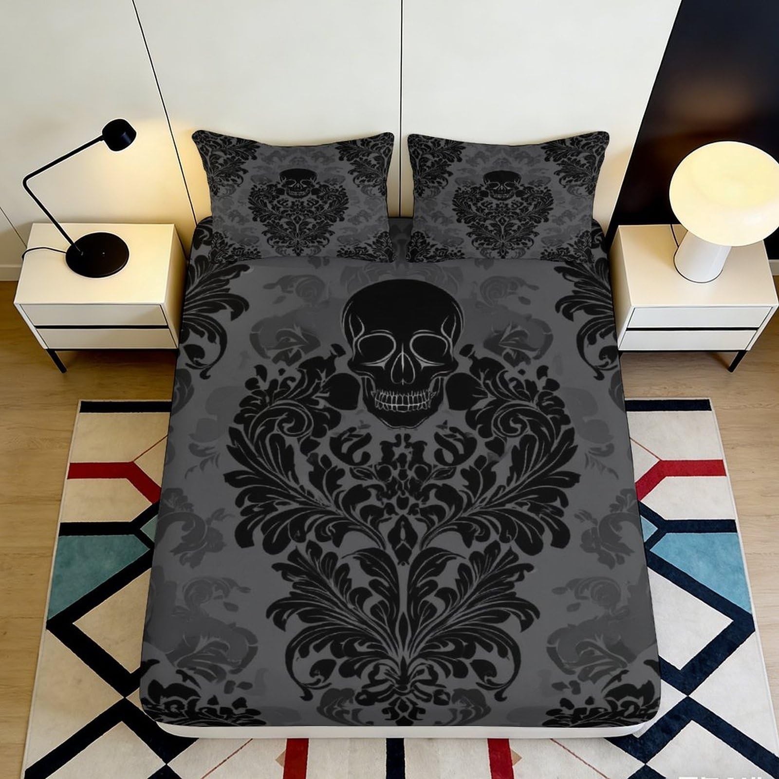 3D Printed Skull Damask Fitted Sheet Microfiber Soft Breathable Gothic Bed Cover for Bedroom Dormitory Guest Room Mattress Protection Decor 200x200x25cm