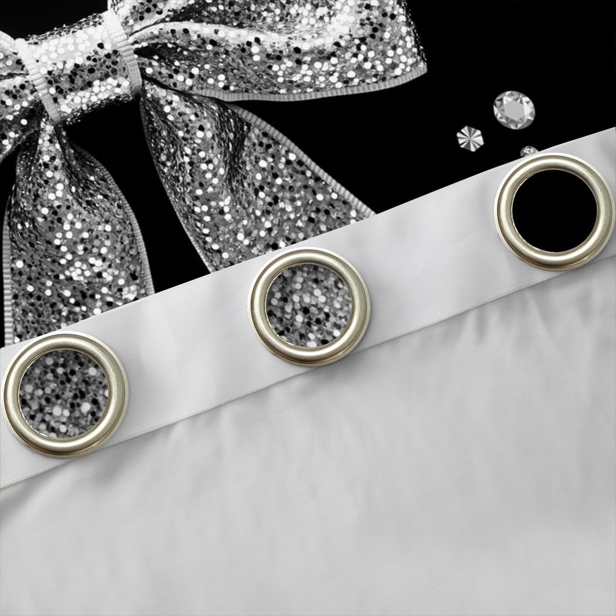 Cute Ribbon Bowknot Blackout Curtains for Living Room,Sparkling Silver Bow Window Curtains 2 Panels 52"Wx63"L Inch,Grey Glitter Diamond Black Bow Tie Kawaii Geometric Bow-Tie Window Treatments Drapes