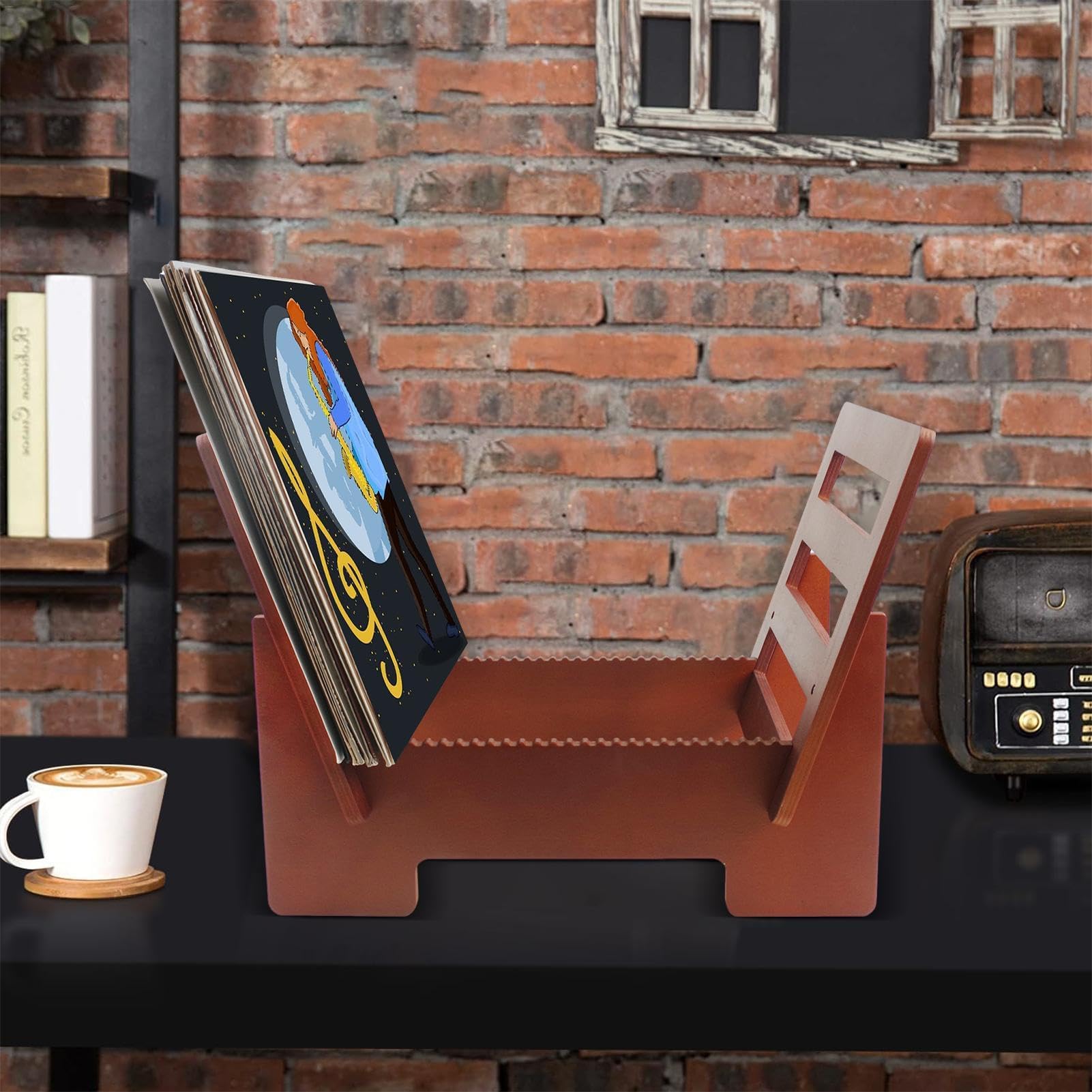 Supporto e supporto per album in legno, elegante espositore per album in vinile, soluzioni per riporre documenti, perfetto per album e dischi, elegante design in legno, salvaspazio.
