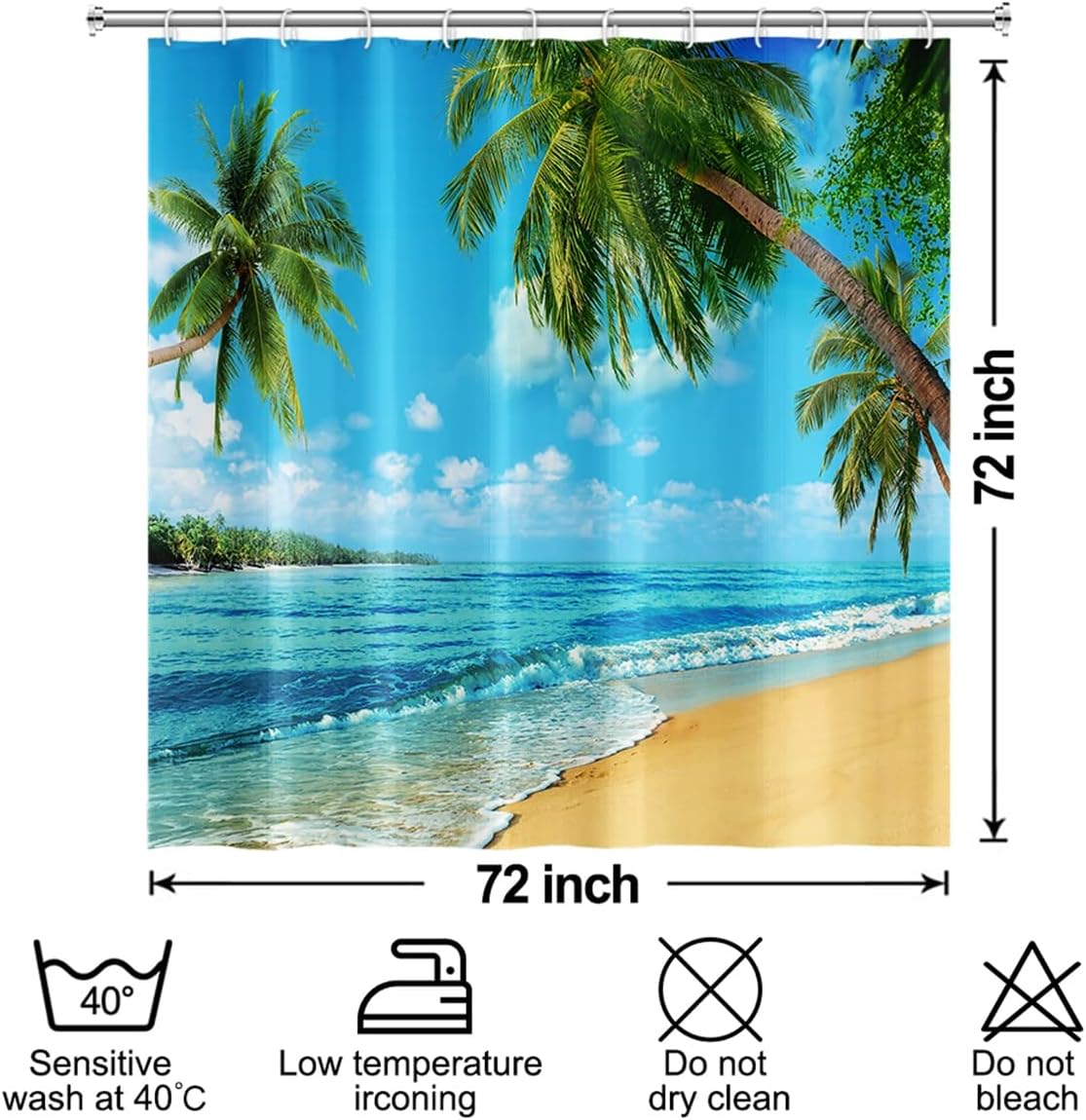 Summer Shower Curtain Beach Sea Scenery Shower Curtain Set for Bathroom with Hooks Green Palm Trees Leaves Waterproof Shower Curtains 72x72 inches