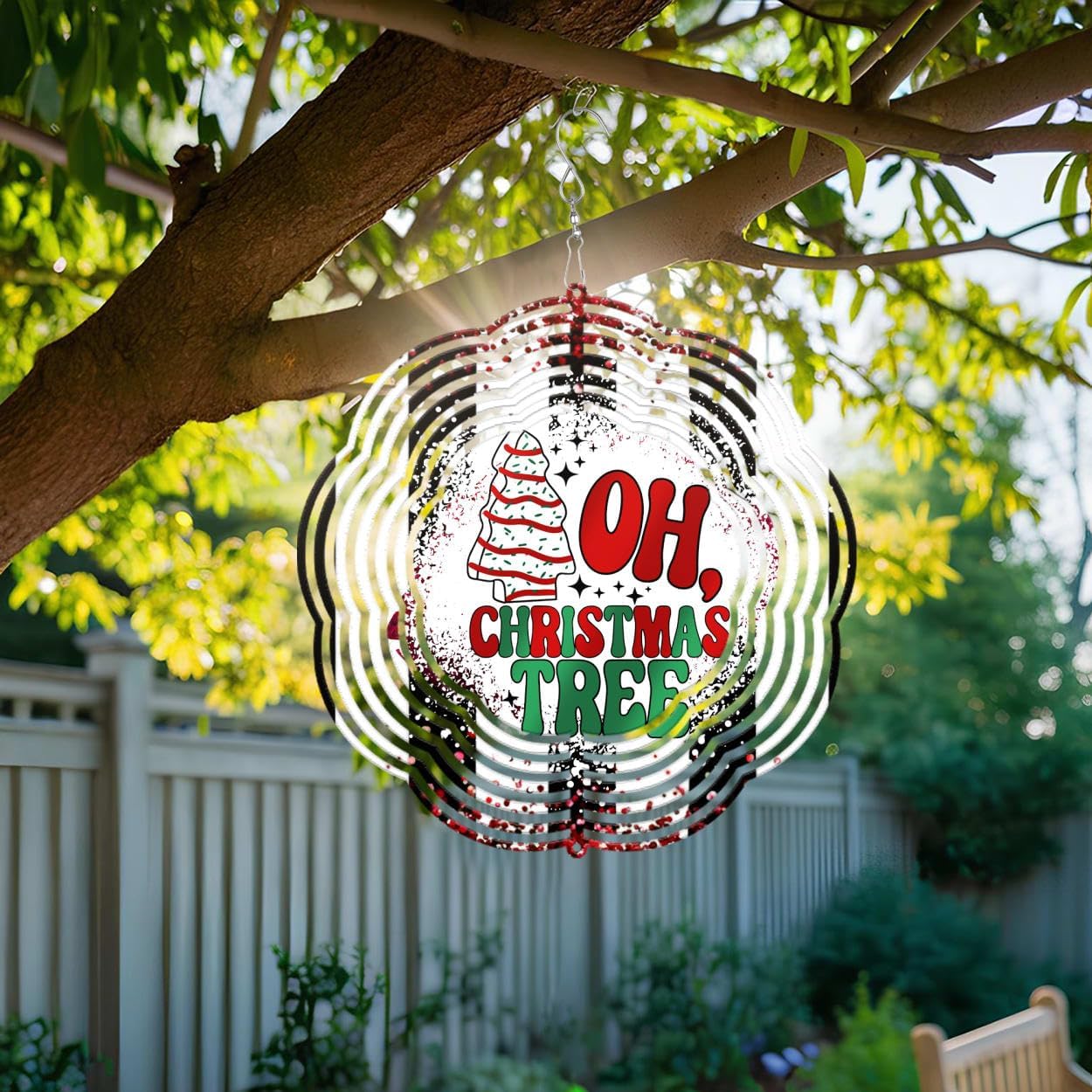 Oh Christmas Tree Christmas Wind Spinners 3D Stainless Steel Laser Cut Metal Double Sided Printing-Hanging Indoor/Outdoor Decorations Yard Gardening Decor,Metal Kinetic Art 14x14 inches