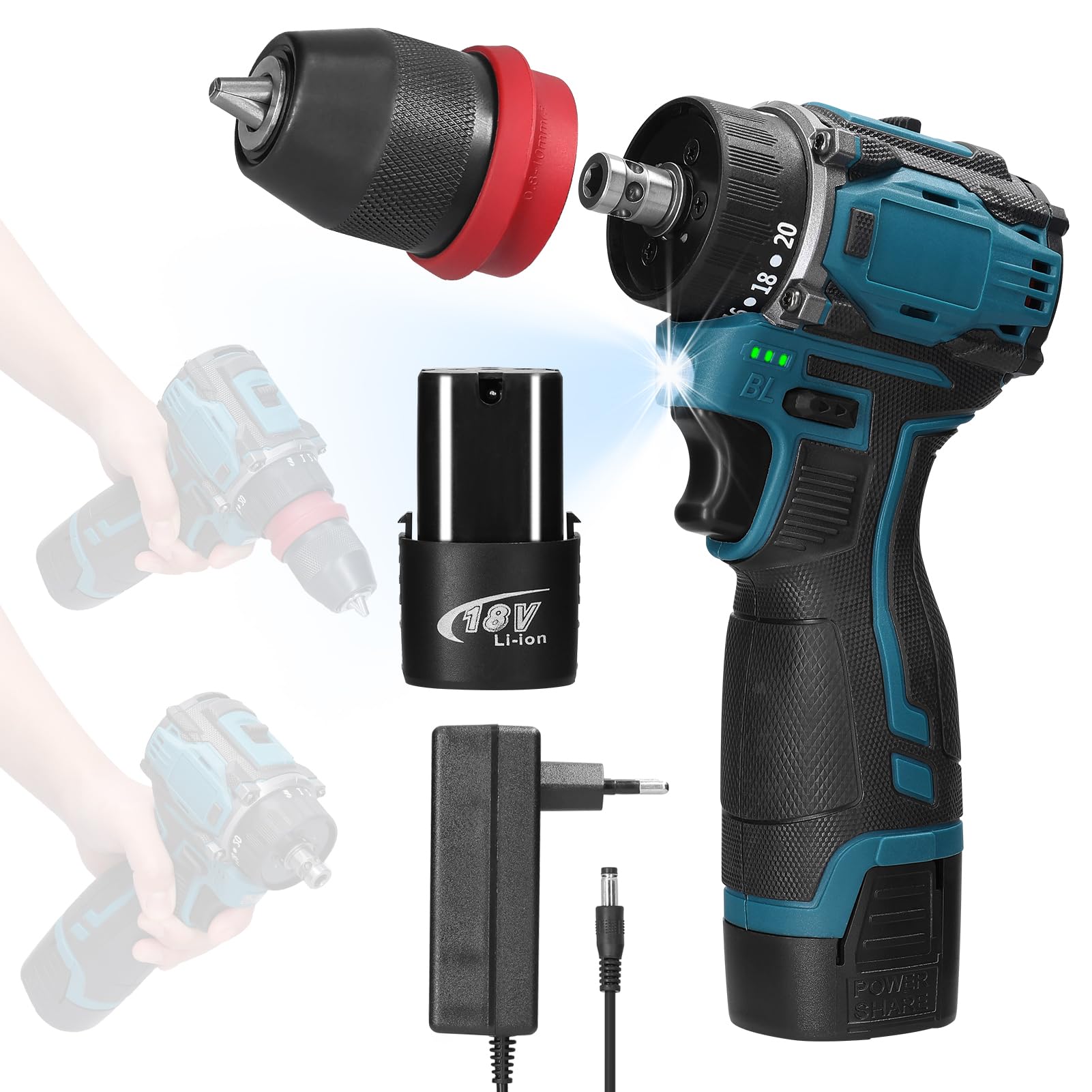 Weytoll Trapano Avvitatore Batteria 18V, 2 Batterie 1300mAh, Max 45Nm, 23+1 Impostazione Coppia, 2 Velocità, LED Luce per Riparazione, Fai da te