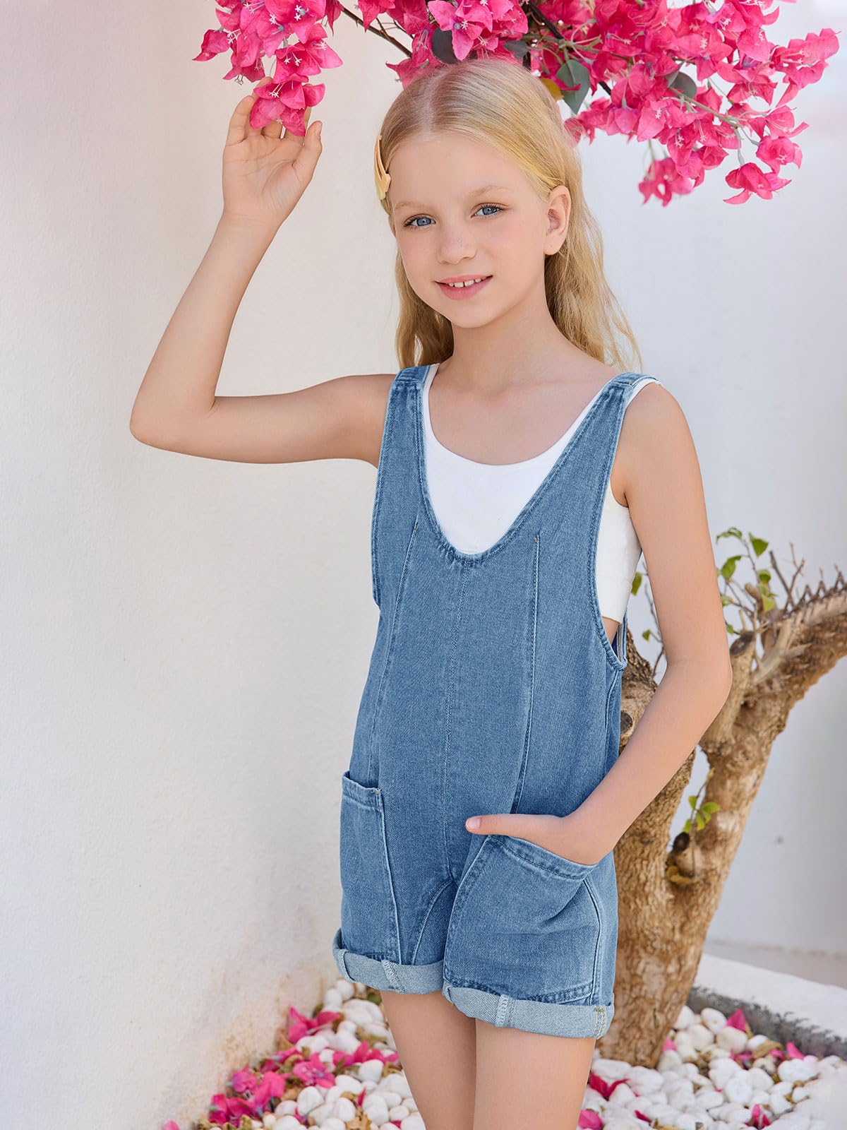 Haloumoning Overol de mezclilla para niñas, pantalones cortos de verano con tirantes ajustables, pantalones cortos de mezclilla para 5 a 14 años