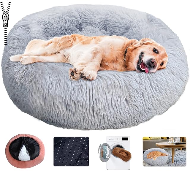 KZhanmy Cama de Perros Gatos Grande Pequeño,Cama de Mascotas Calentito Mullida Felpa Cojin Redonda…