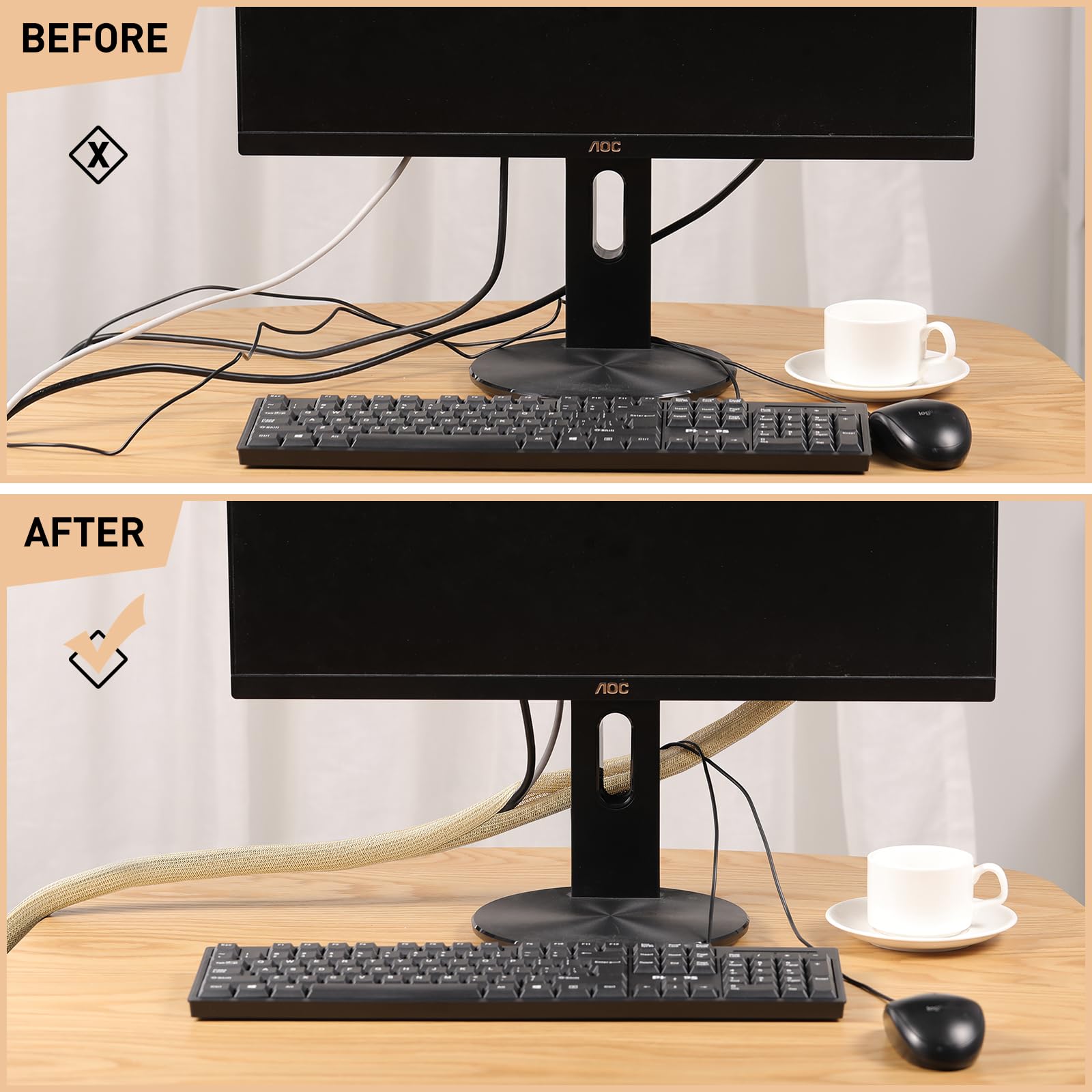 AGPTEK Pokrowiec na kable, organizer, biurko, 3 m – 2 cm, domowe biuro, do zarządzania przewodami, do komputera, TV, ochrona przed zwierzętami, ochrona przed żuciem przez kota, psa, brązowy (wood)