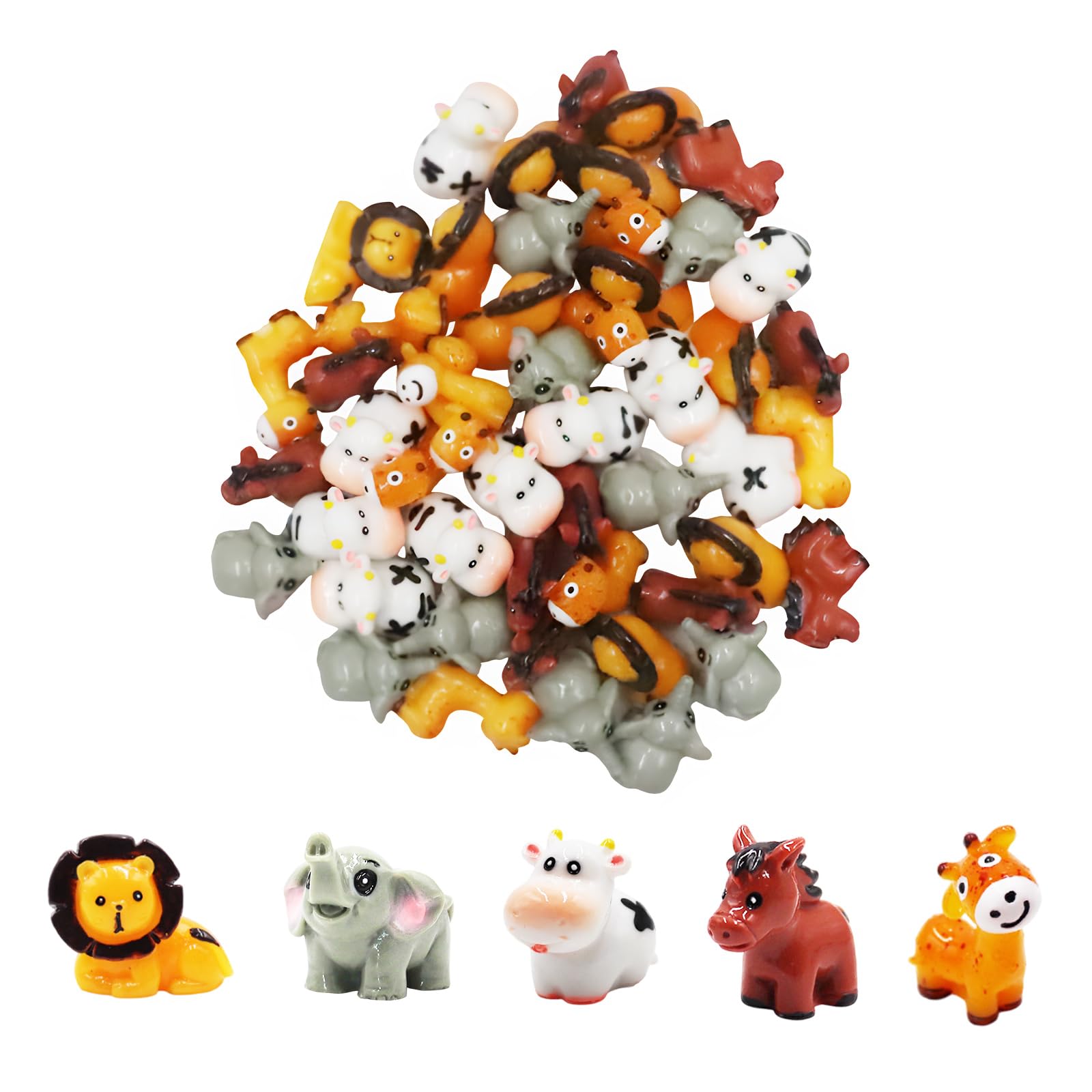 OZLMC 50 Pcs Miniature Resin Animal Figurines Set (1.2") - Elephant, Lion, Giraffe, Horse, Cow for Fairy Garden, Terrarium, DIY Crafts & Miniature