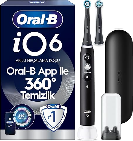 Oral-B iO6 Siyah Şarjlı/Elektrikli Diş Fırçası, 2 Fırça Başlığı, Uzun Ömürlü Pil, Premium Seyahat Kabı, Yedek Başlık Kabı