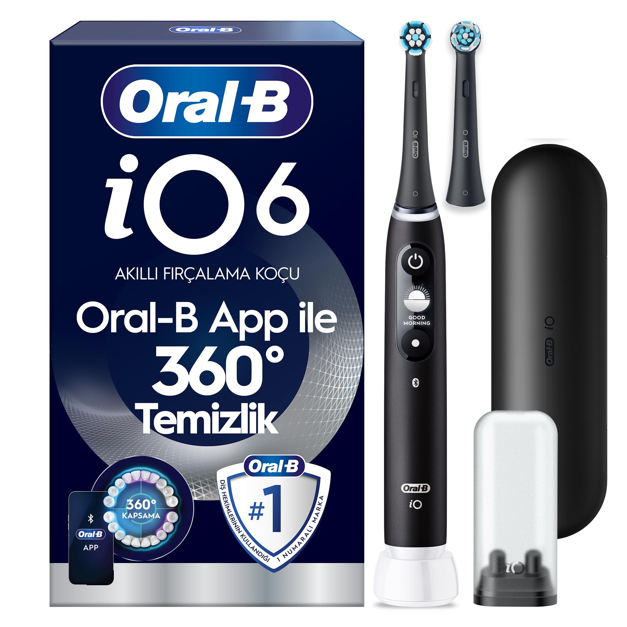 Oral-B iO6 Siyah Şarjlı/Elektrikli Diş Fırçası, 2 Fırça Başlığı, Uzun Ömürlü Pil, Premium Seyahat Kabı, Yedek Başlık Kabı