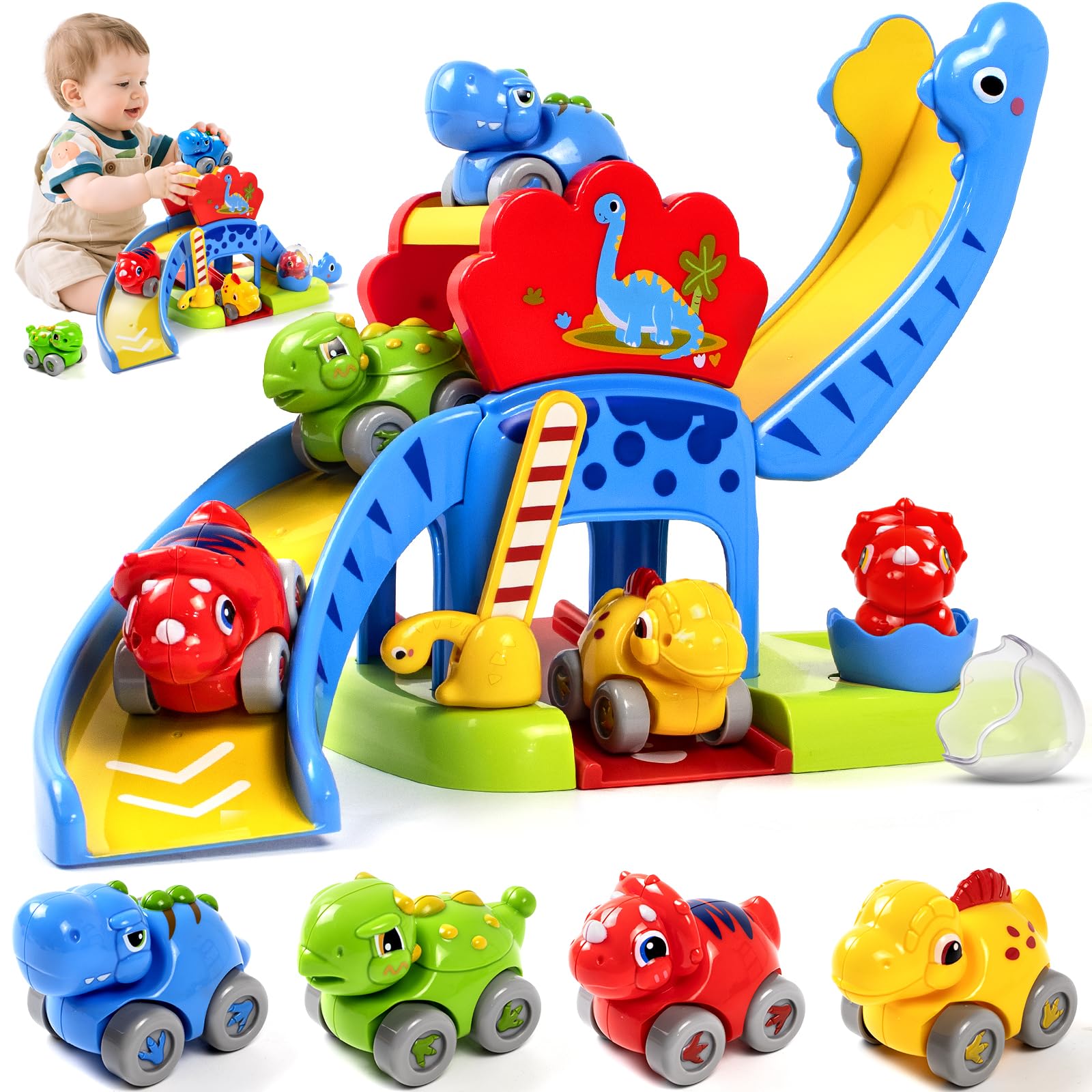 Spielzeug ab 1 Jahr, Dinosaurier Rutsche Rutschbahn für Kleinkinder 1 2 Jahre, Enthält 4 tierförmige Spielzeugautos, Ursache Wirkung Spielzeug Geschenk zum 1 Geburtstag für Jungen und Mädchen