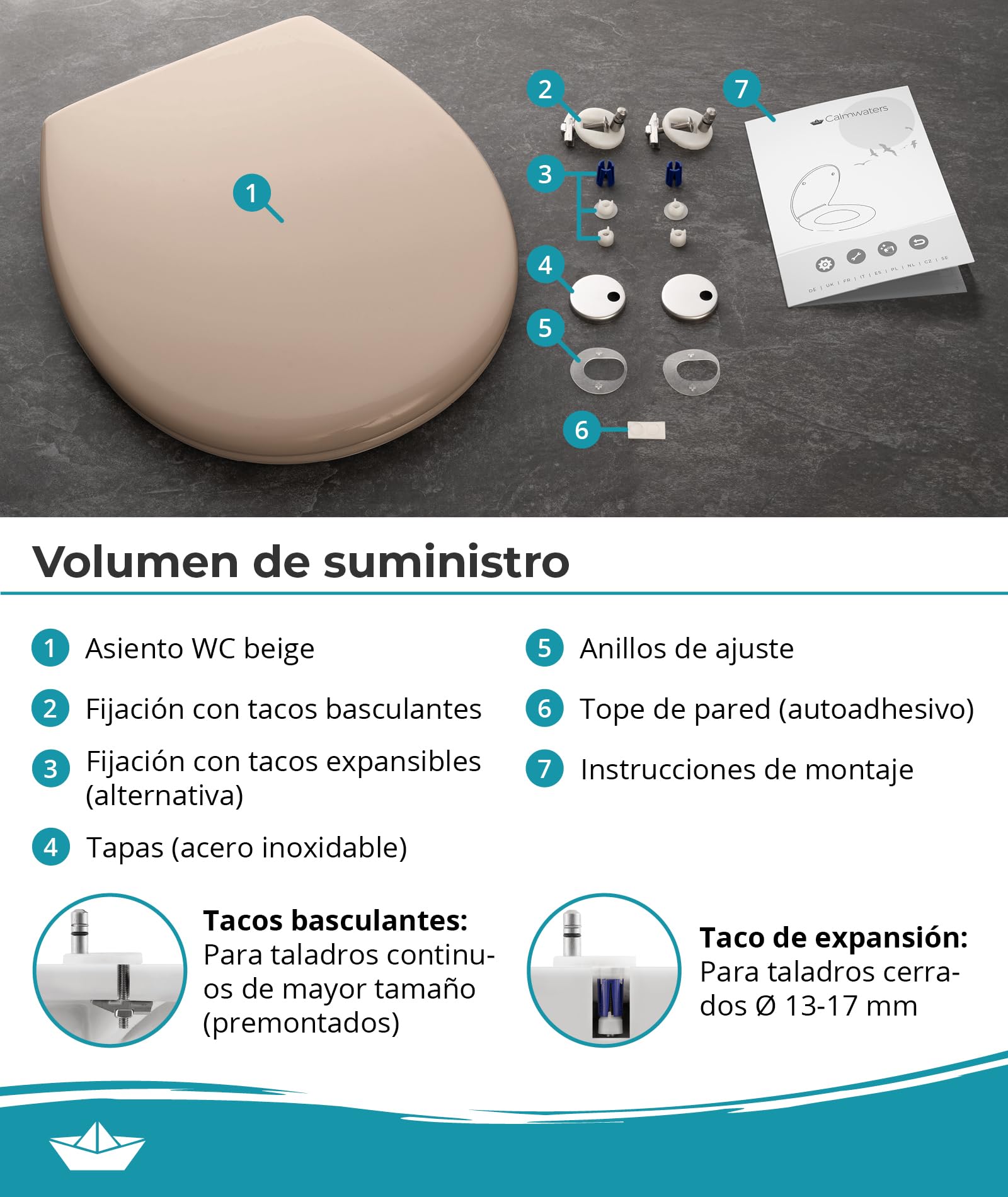 Calmwaters® Premium asiento de inodoro de fácil instalación, hasta 250 kg, Made in EU, duroplast antibacteriano, doble mecanismo de cierre suave, 2 opciones de fijación, extraíble, ovalado, beige