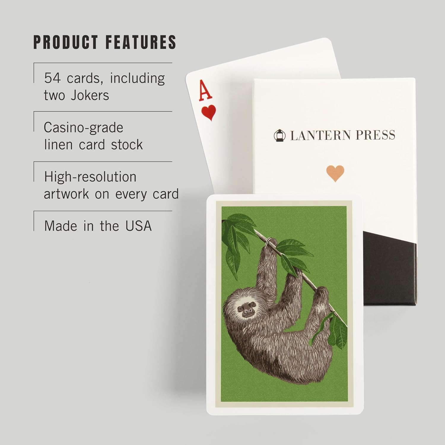Two Toed Sloth, Letterpress, 52 Playing Cards for Adults, Poker Size Card Deck