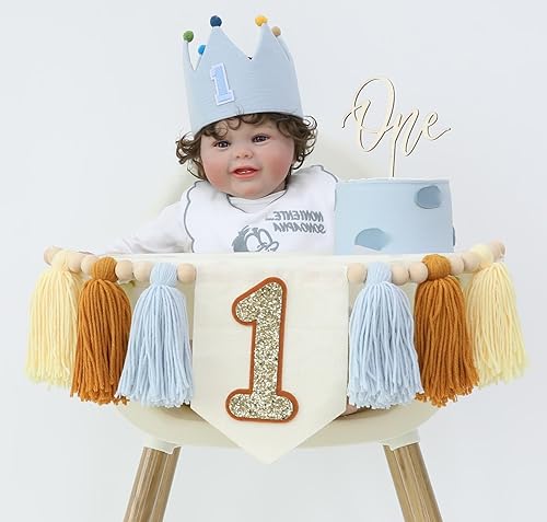 Vista 24 de Juego de decoración de primera fiesta con diseño de margaritas bohemias para silla de bebé, decoración de primera fiesta con adorno de pastel hecho