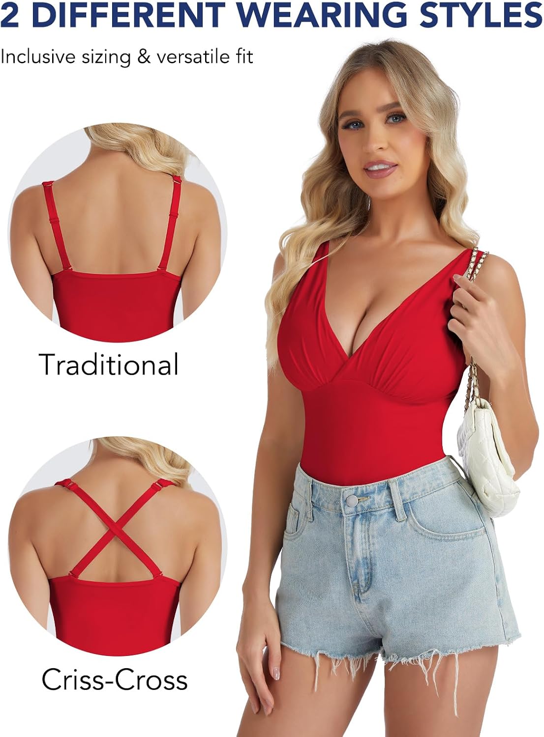 SHAPERIN Shapewear Bodysuits for Women Tummy Control Body Suits Sexy Deep V Neck Thong Body Shaper