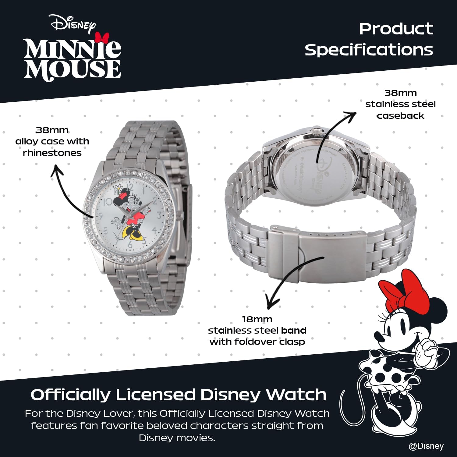Minnie Mouse Watch for Women, Stylish Minnie Mouse Watches for Women, Elegant 's Watch, Perfect Watches, Classic, Silver Stainless Steel Strap