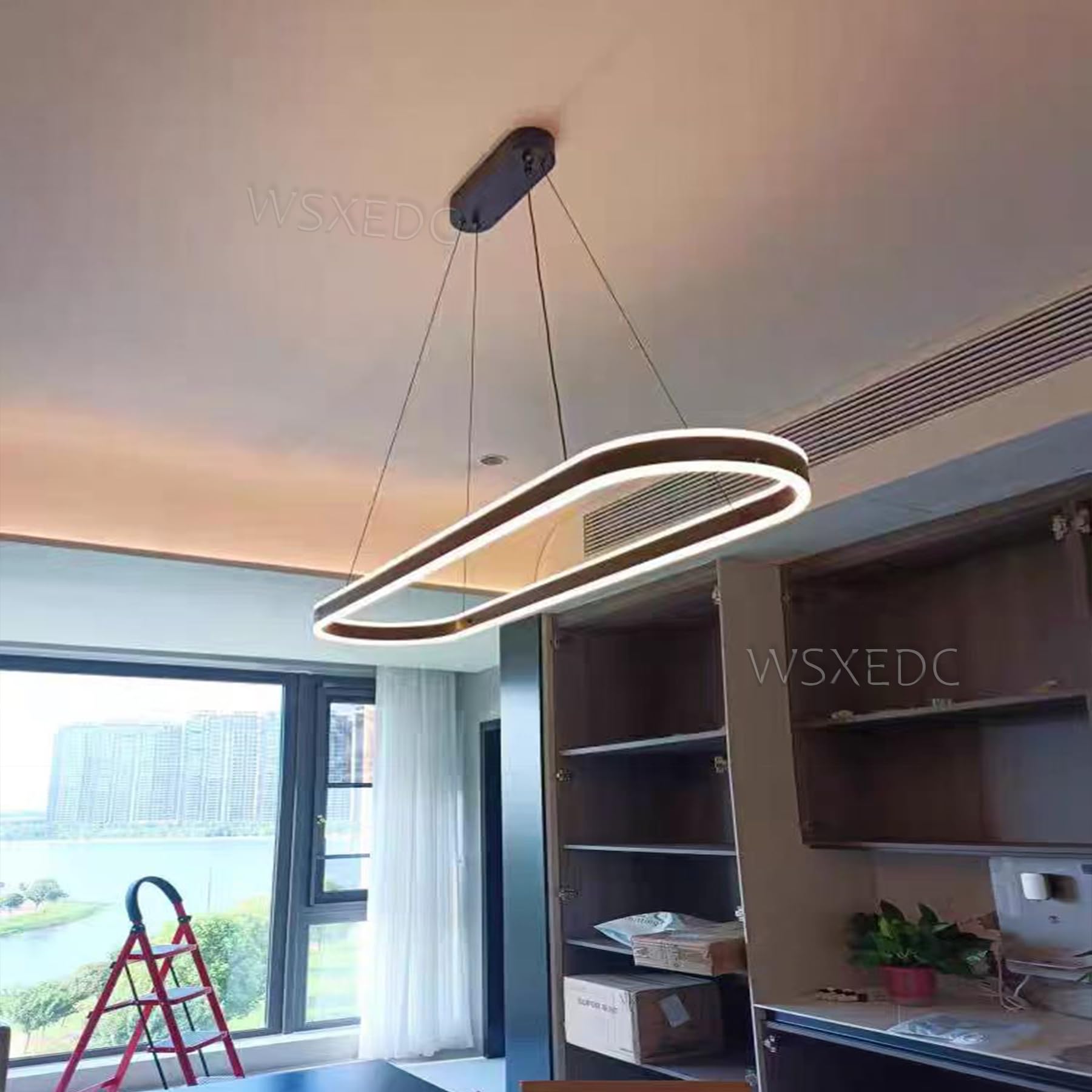 WSXEDC Dimmable Black LED Pendant Lights Oval Dining Table lamp Modern Dining Room Chandelier Remote Controls Height Adjustable Lighting Studio Hanging lamp Office Ring Living Room lamp L100cm 90W