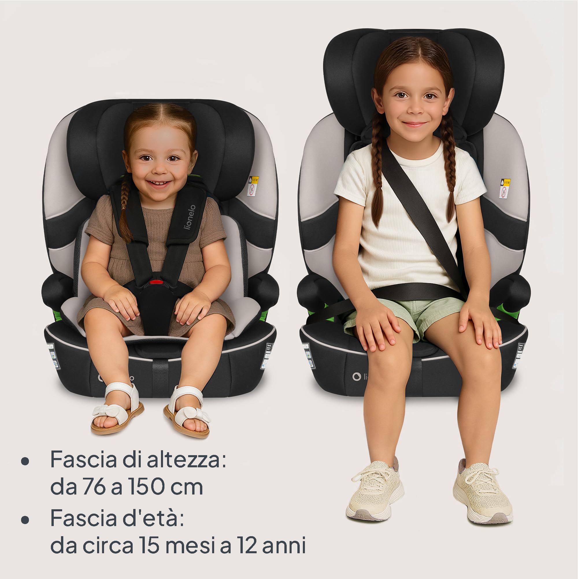 LIONELO Seggiolino Auto BILLY i-Size per Bambini 76–150 cm (15 mesi–12 anni) Installazione ISOFIX o cintura, Poggiatesta 10 Liveli, Protezione laterale, TopTether, Cinture a 5 punti, Ultima Norma R129