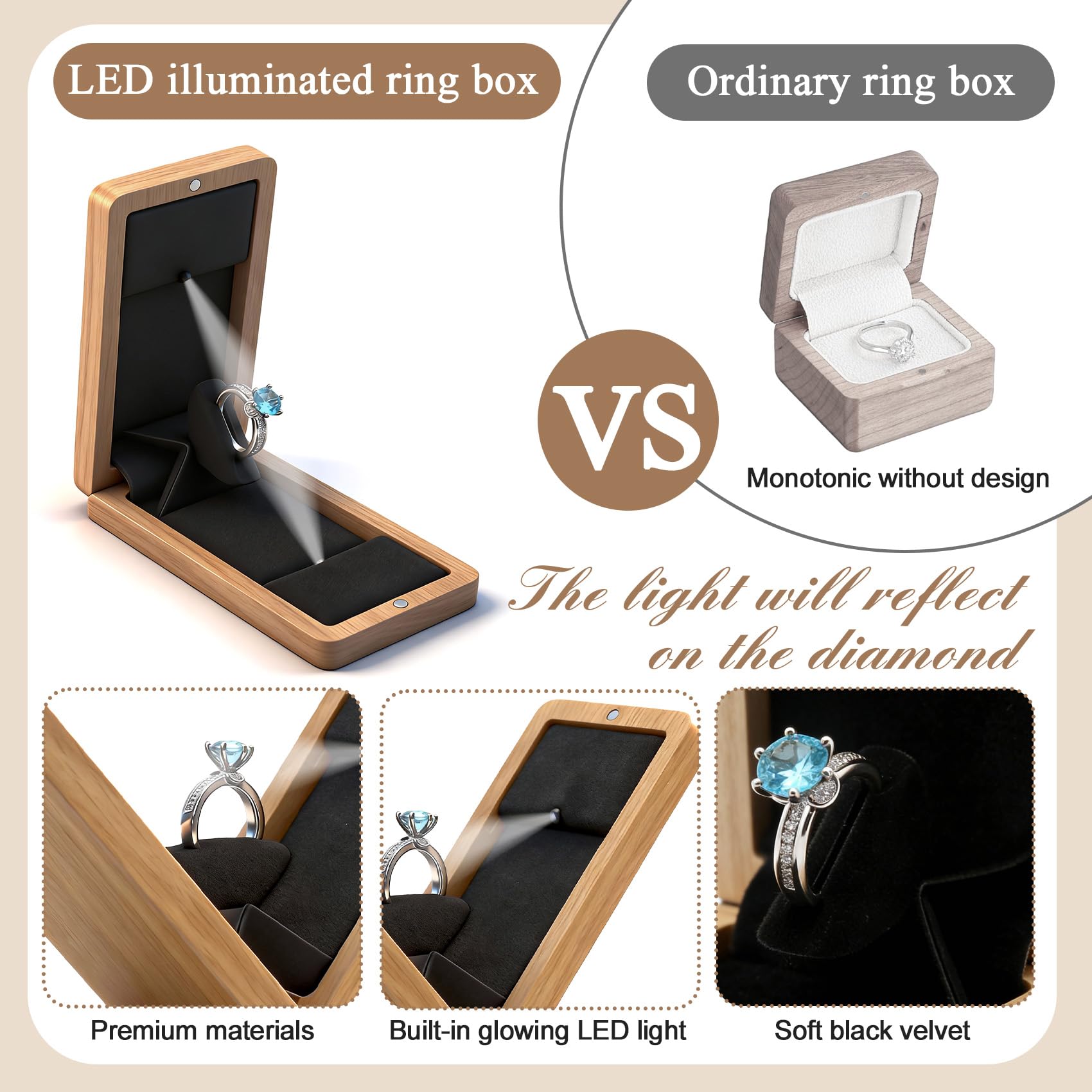 Scatola per anelli di fidanzamento in legno per proposta di San Valentino, scatola regalo rotante in legno per fedi nuziali, scatola regalo con luce a LED, confezione regalo (rovere bianco)