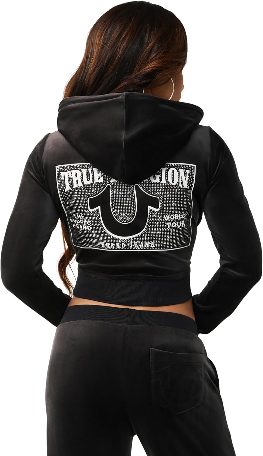 True Religion Women’s Velour Crystal Shrunken Zip Hoodie – Soft Velour, Cropped Fit, Crystal Horseshoe Detail
