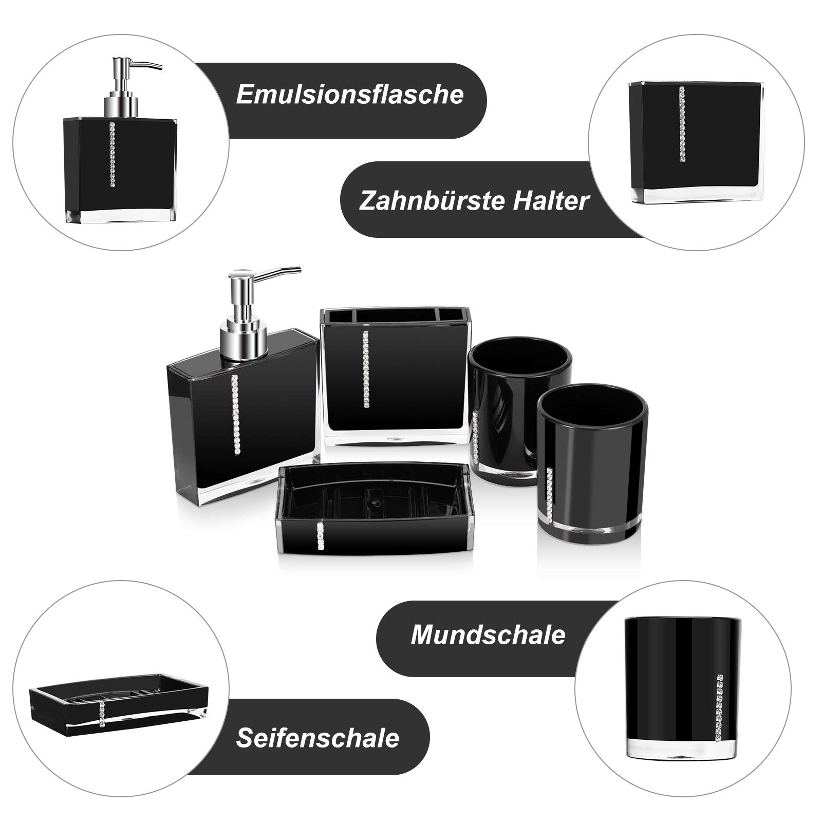 Cocoarm Ensemble d'Accessoires de Salle de Bain, 5 Pièces en Résine, Noir, Comprend Bouteilles de Lotion, Porte-Brosse à Dents, Tasse à Dents, Porte-Savon