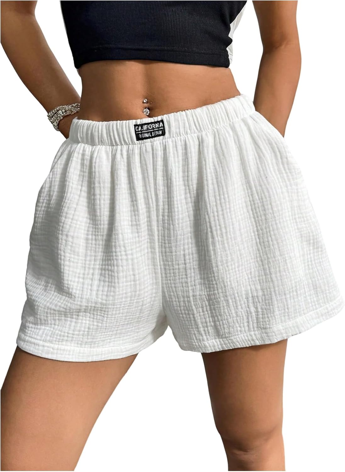 Floerns Women's Elastic Waist Wide Leg Shorts Casual Textured Shorts with Pocket