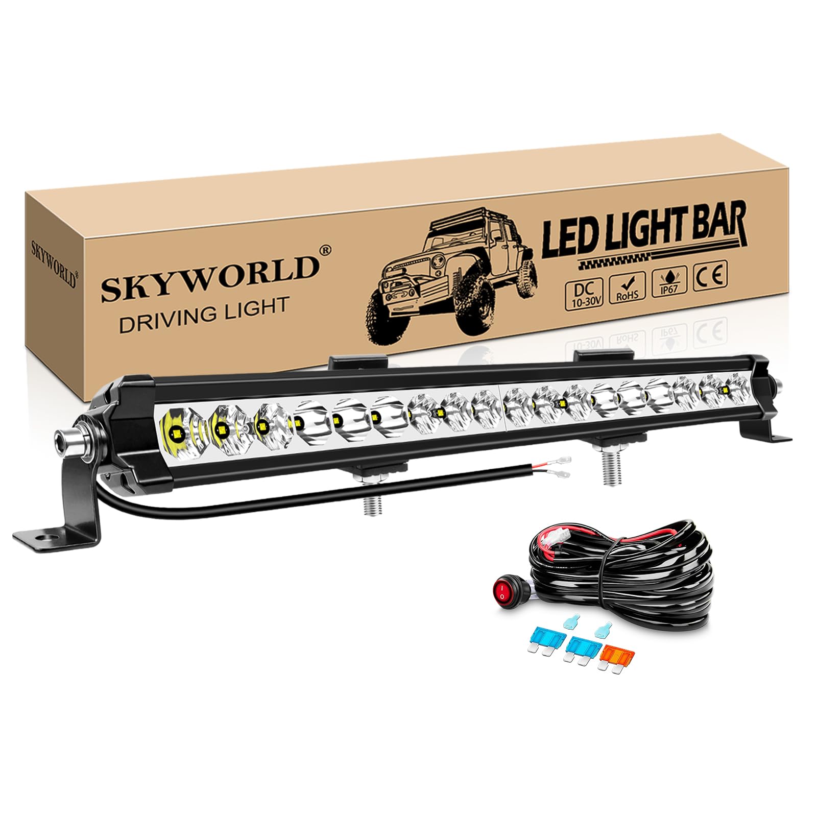 SKYWORLD 51 cm 20 cali 60 W Slim Led Bar 4x4 z zestawem przewodów 12 V, dalekiego zasięgu Led Light Bar, proste diody LED do pojazdów offroad samochodów ciężarowych ATV UTE SUV, 6000K