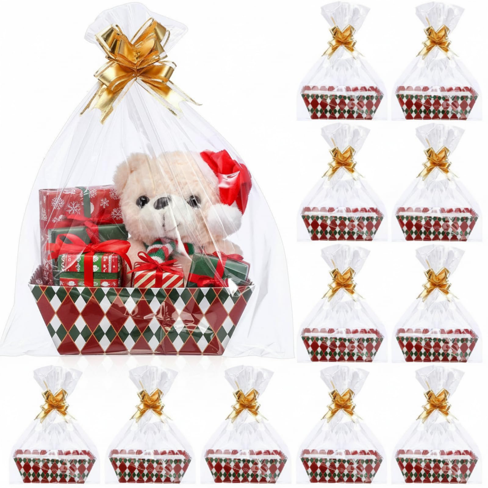 Nuogo Paquete de 12 cestas de Navidad vacías para regalos de 9.8 x 6.5 pulgadas, cesta de regalo vacía para llenar bandejas de cartón con bolsas de cesta, lazos para Navidad, vacaciones, regalos de