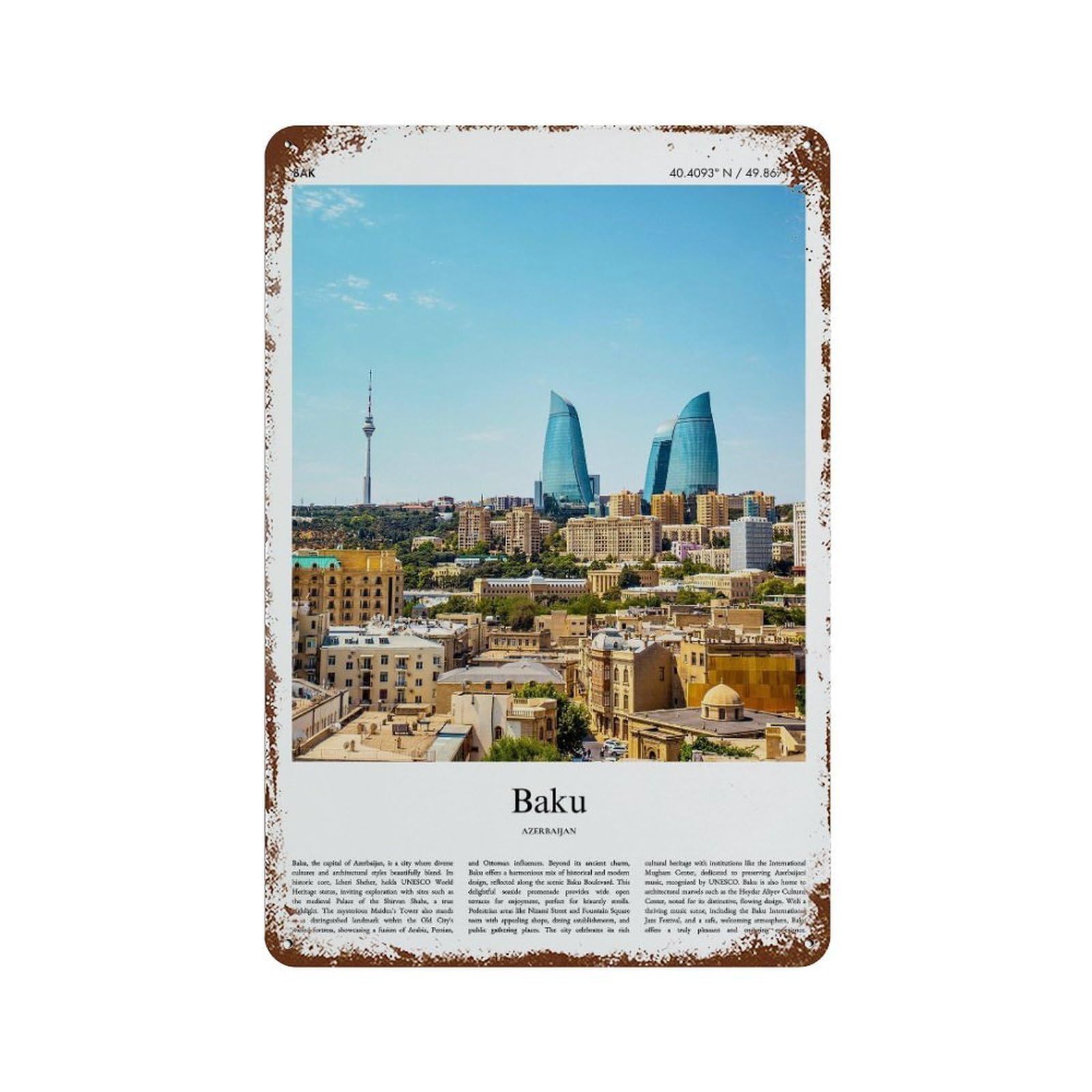 xiaoxiaoshen Baku Azerbaijan City Scenery Wall Decor Art Metal Tin Poster Modern Home Decor Art Home Bar Shop Decorations Vintage Sign 30x20cm